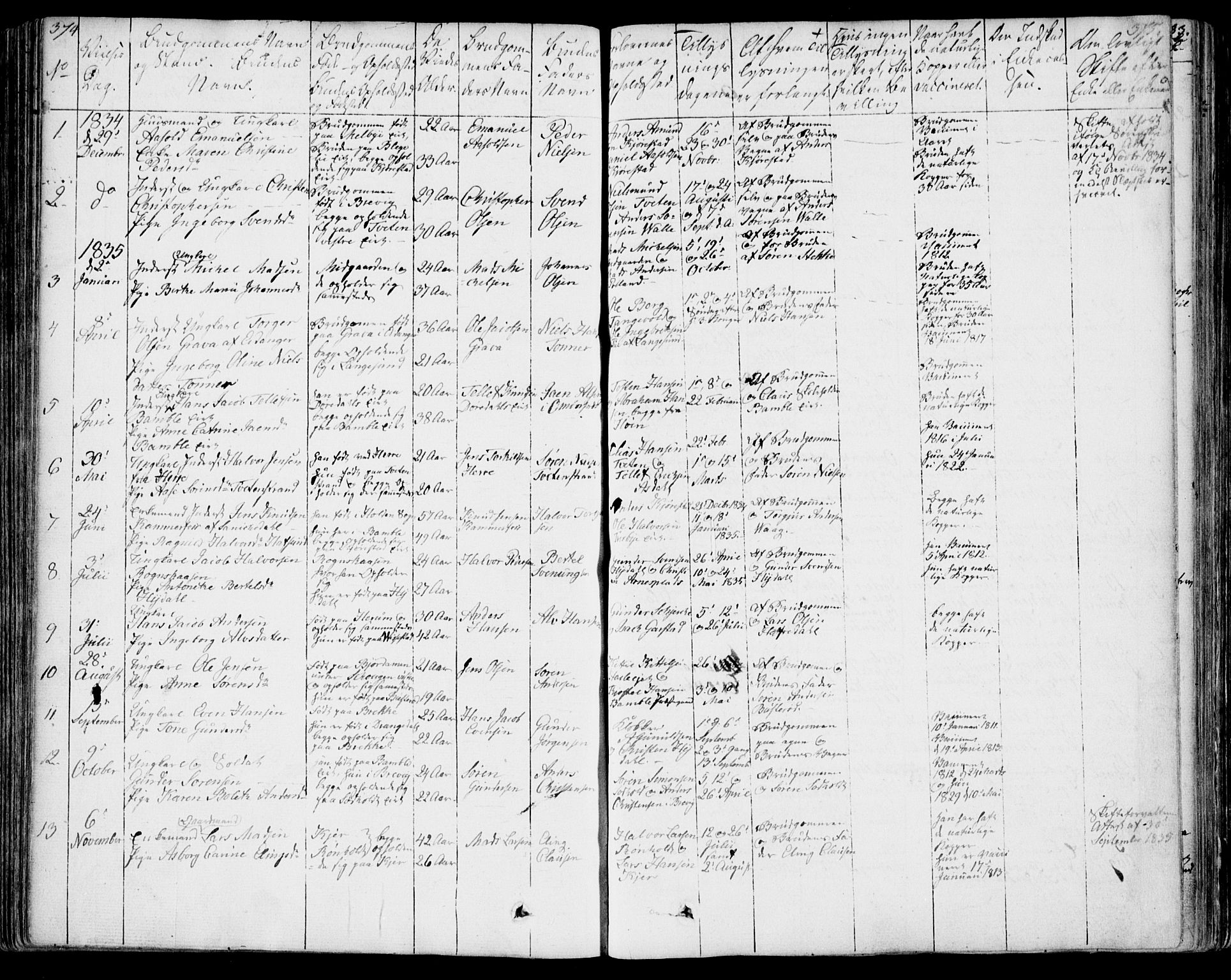 Bamble kirkebøker, AV/SAKO-A-253/F/Fa/L0004: Parish register (official) no. I 4, 1834-1853, p. 374-375