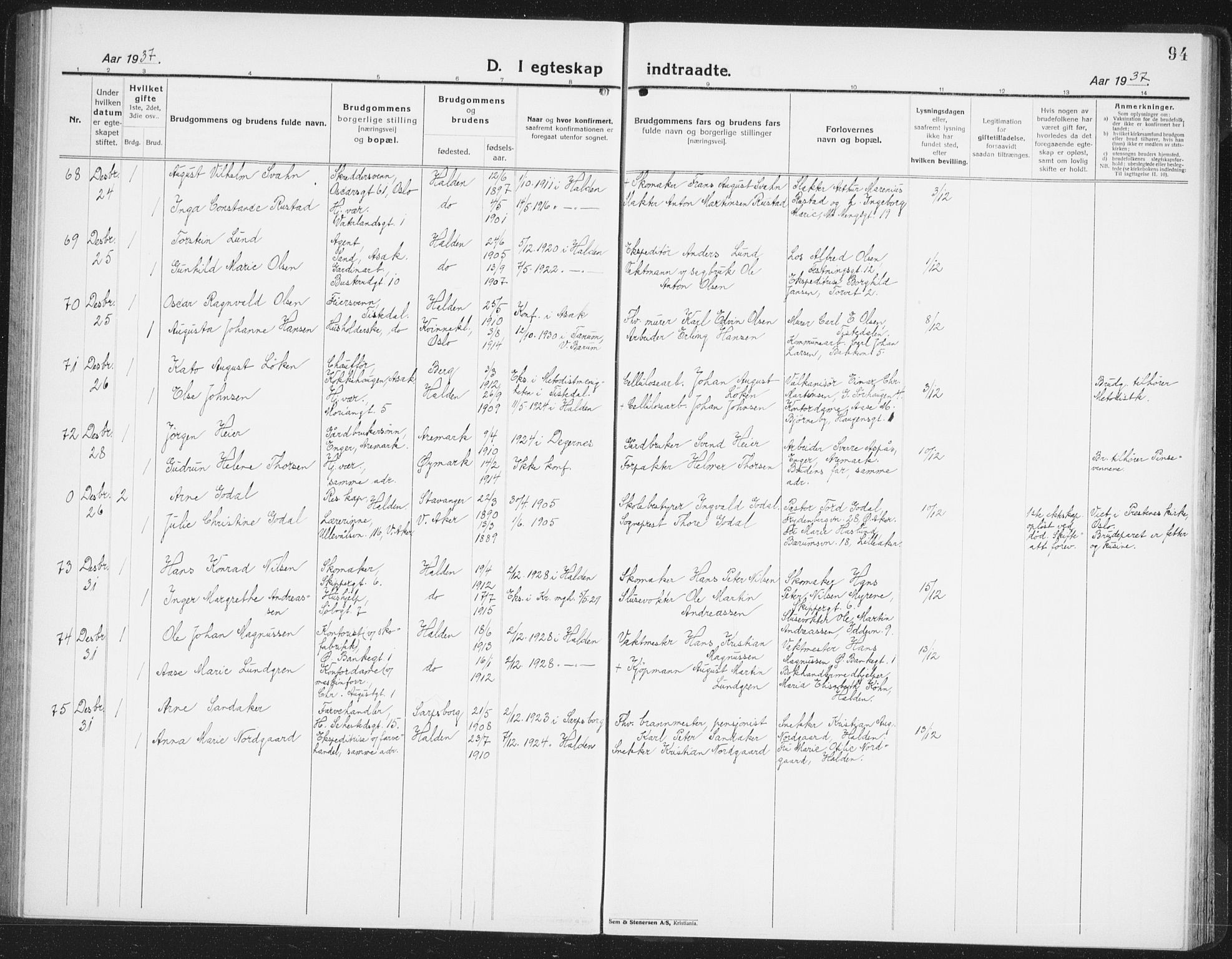 Halden prestekontor Kirkebøker, AV/SAO-A-10909/G/Ga/L0014: Parish register (copy) no. 14, 1925-1943, p. 94