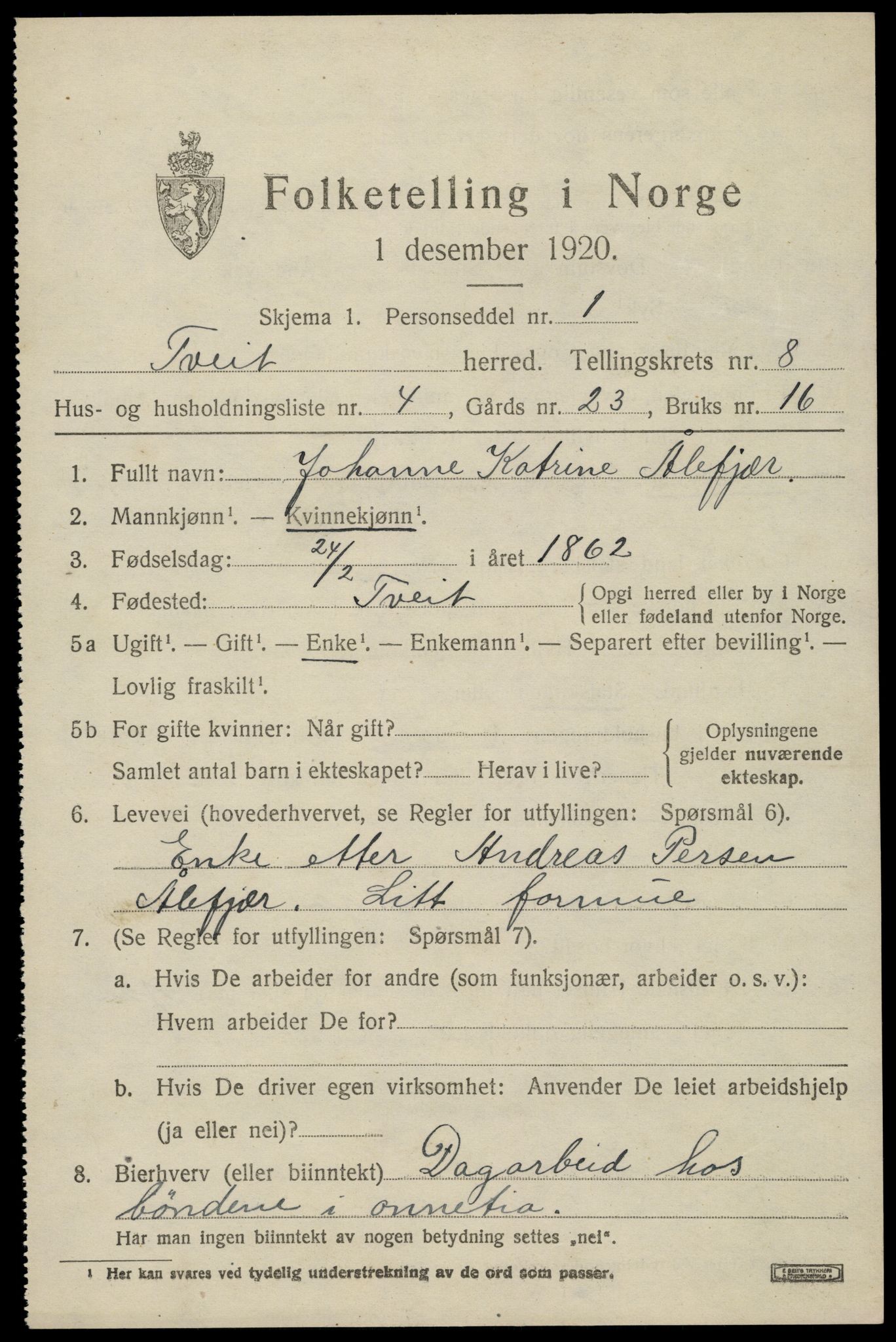 SAK, 1920 census for Tveit, 1920, p. 3502