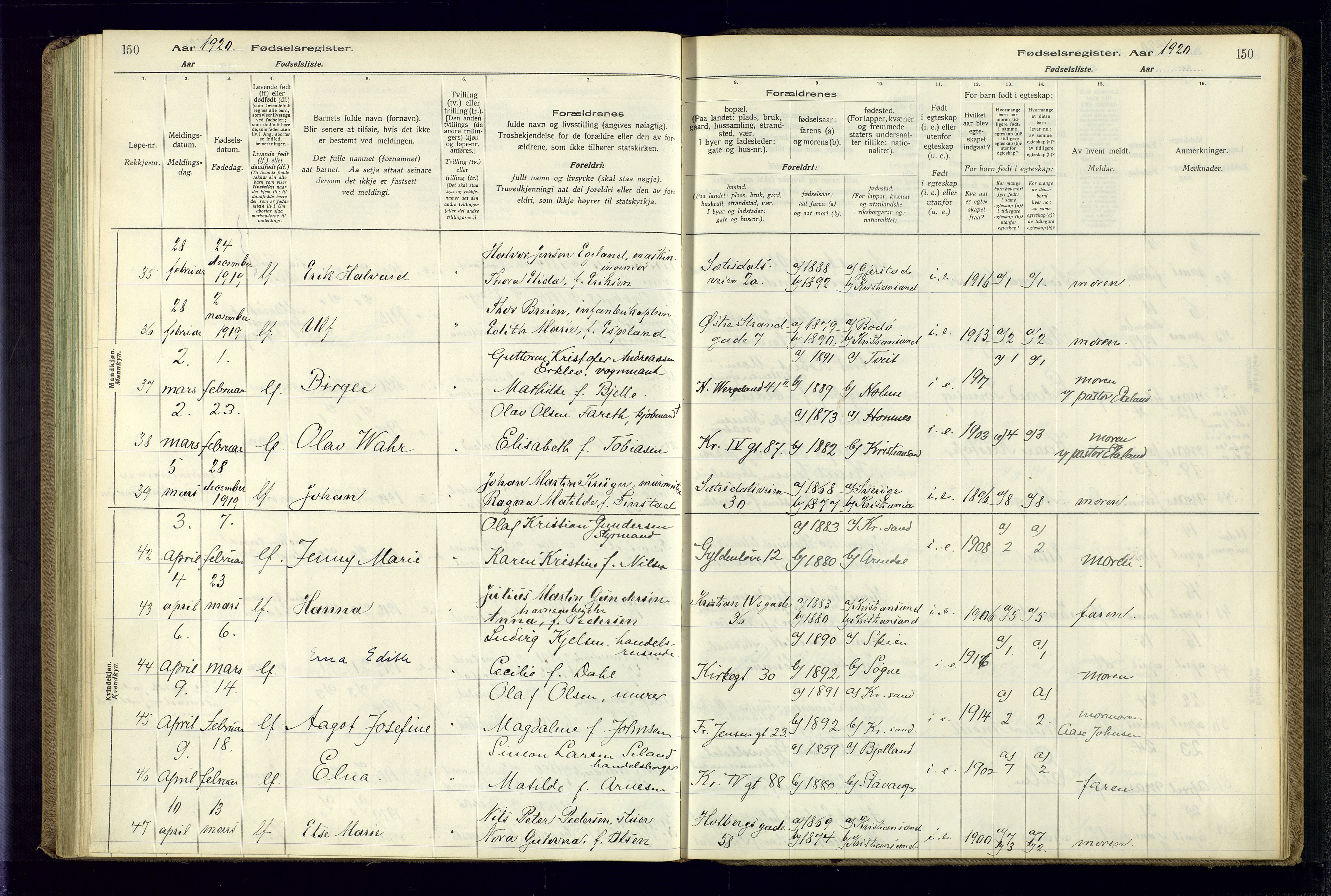 Kristiansand domprosti, AV/SAK-1112-0006/J/Jc/L0001: Birth register no. A-VI-45, 1916-1921, p. 150