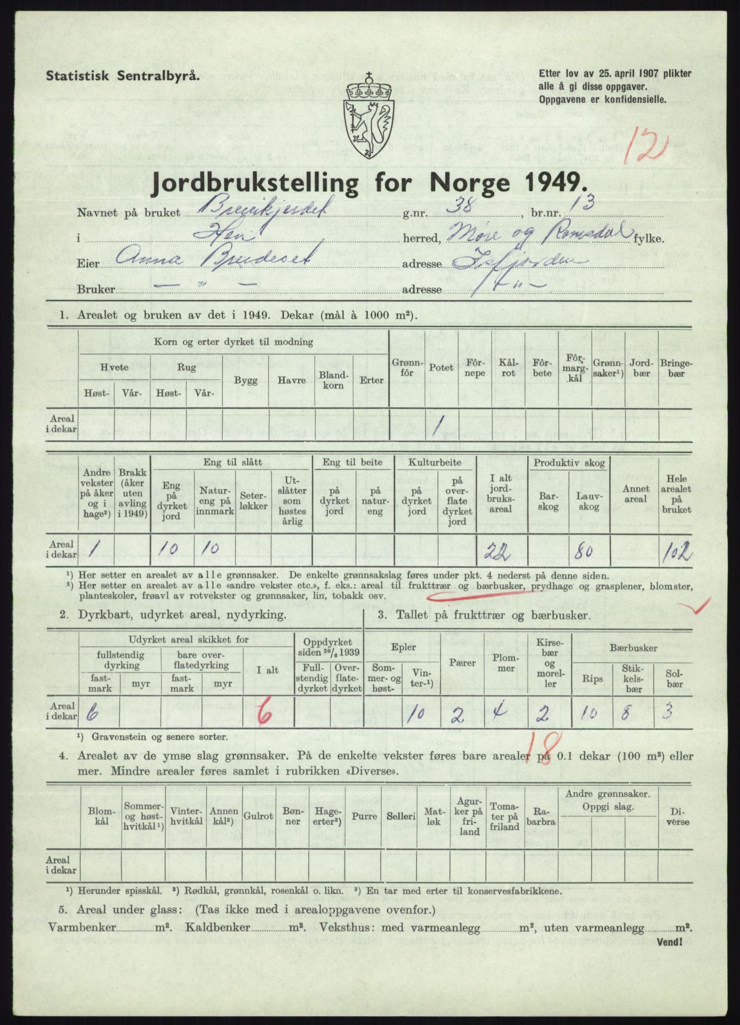 Statistisk sentralbyrå, Næringsøkonomiske emner, Jordbruk, skogbruk, jakt, fiske og fangst, AV/RA-S-2234/G/Gc/L0323: Møre og Romsdal: Grytten og Hen, 1949, p. 631