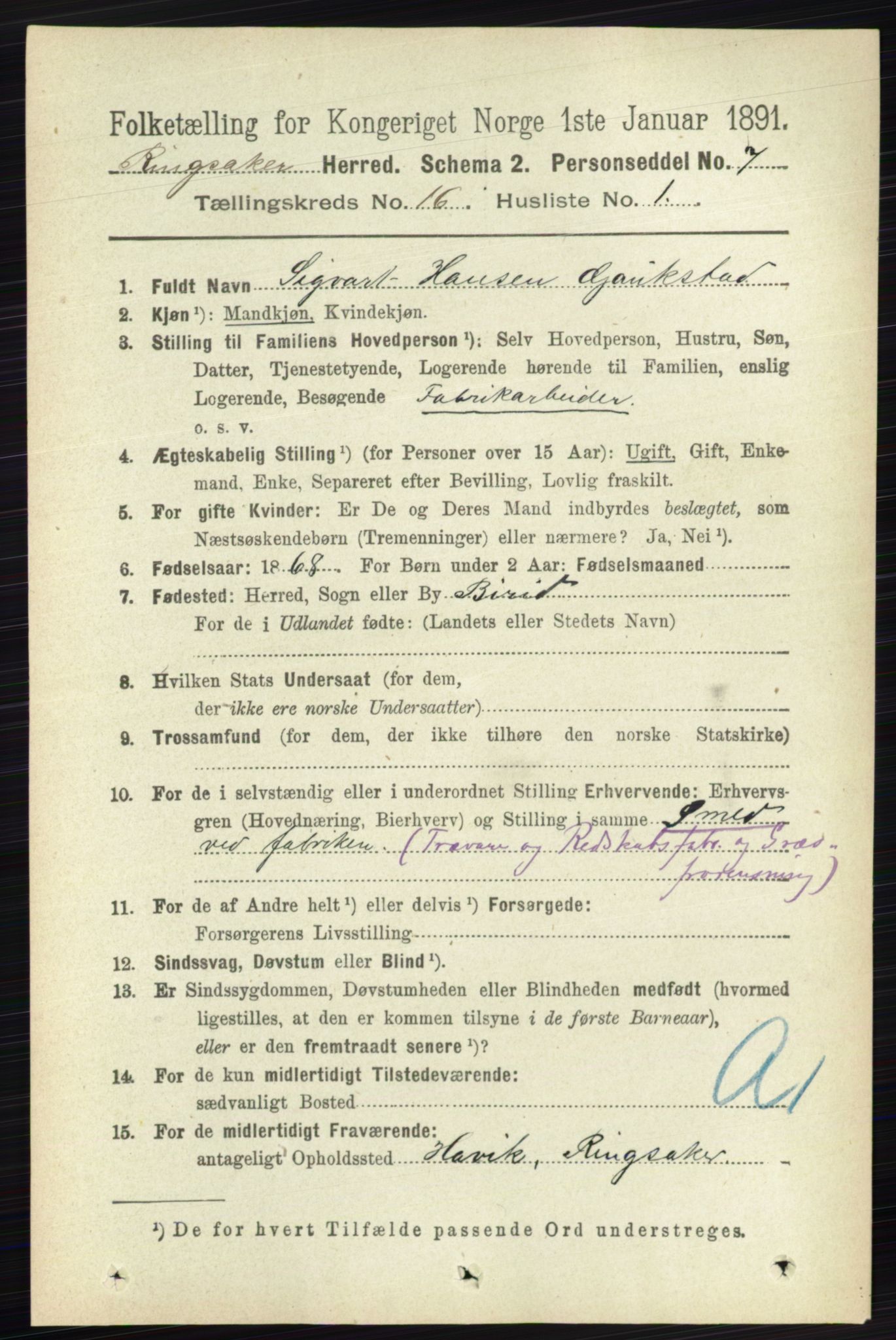 RA, 1891 census for 0412 Ringsaker, 1891, p. 9089