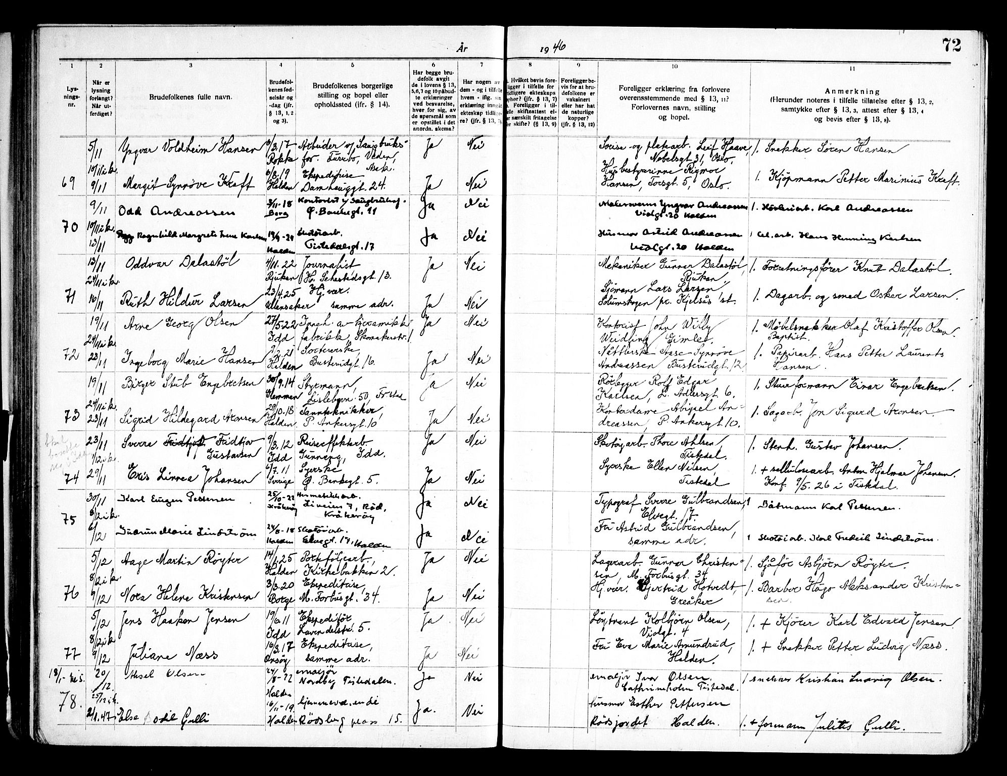 Halden prestekontor Kirkebøker, SAO/A-10909/H/Ha/L0002: Banns register no. I 2, 1935-1949, p. 72