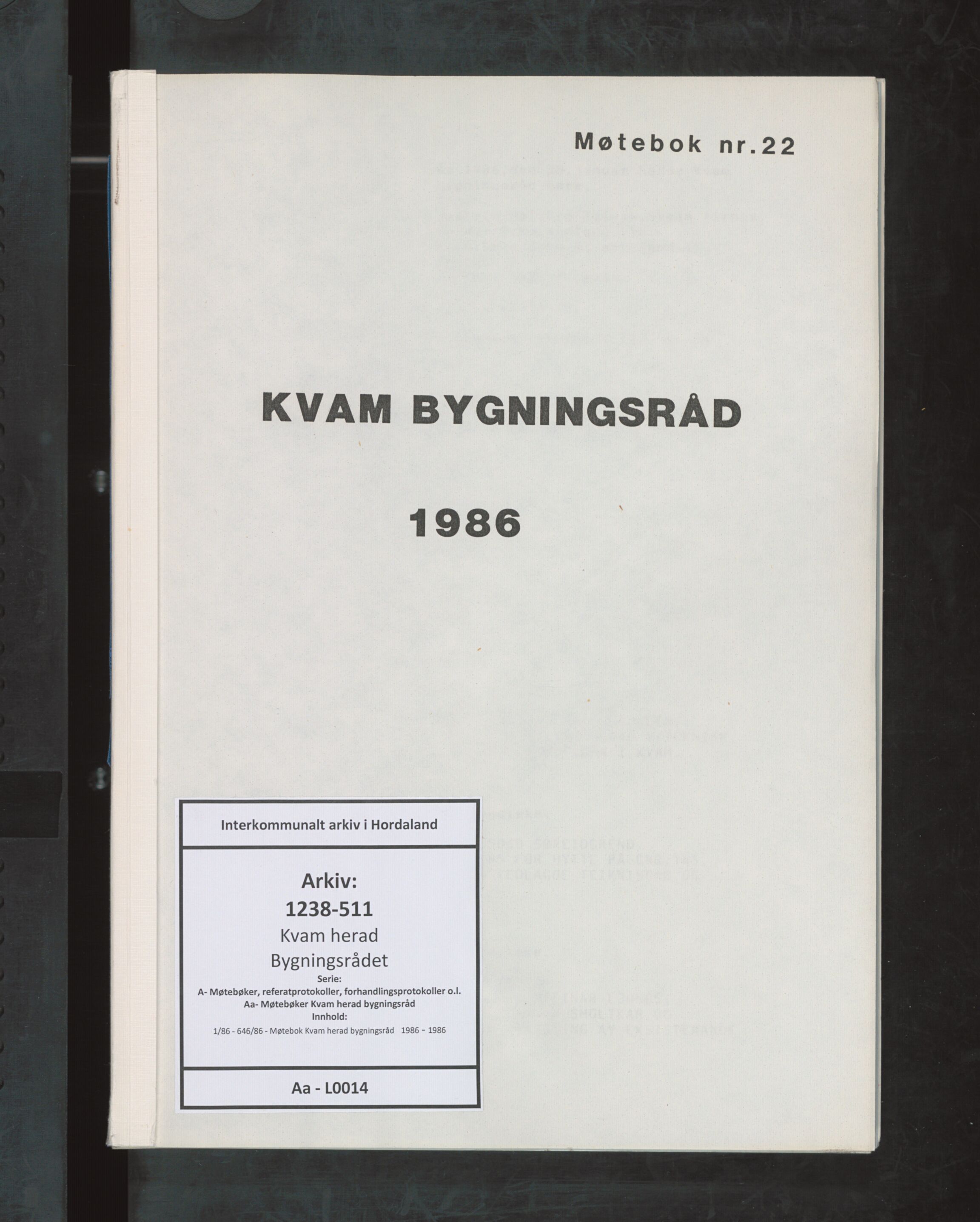 Kvam herad. Bygningsrådet, IKAH/1238-511/A/Aa/L0014: Møtebok Kvam herad bygningsråd , 1986