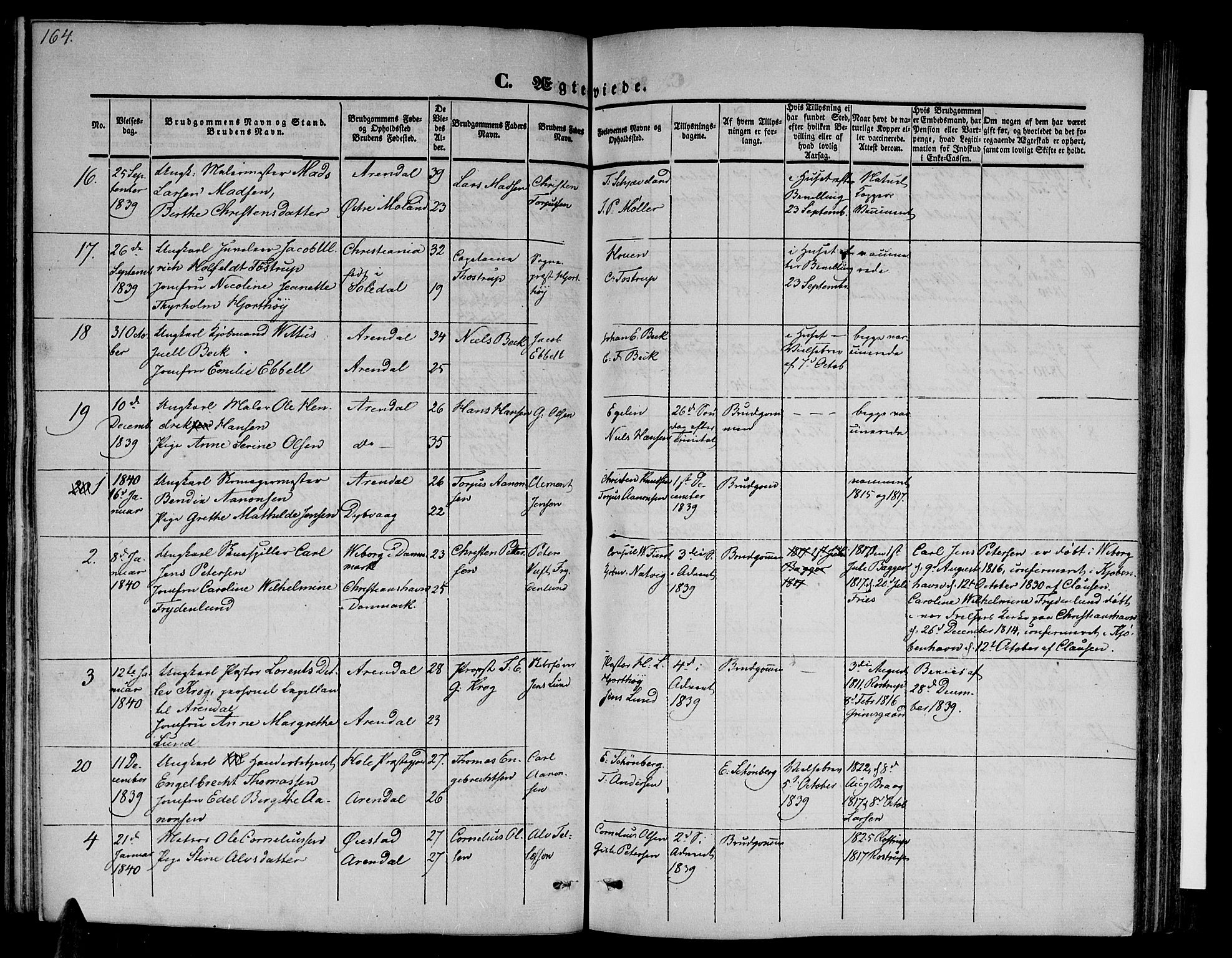 Arendal sokneprestkontor, Trefoldighet, SAK/1111-0040/F/Fb/L0002: Parish register (copy) no. B 2, 1838-1860, p. 164