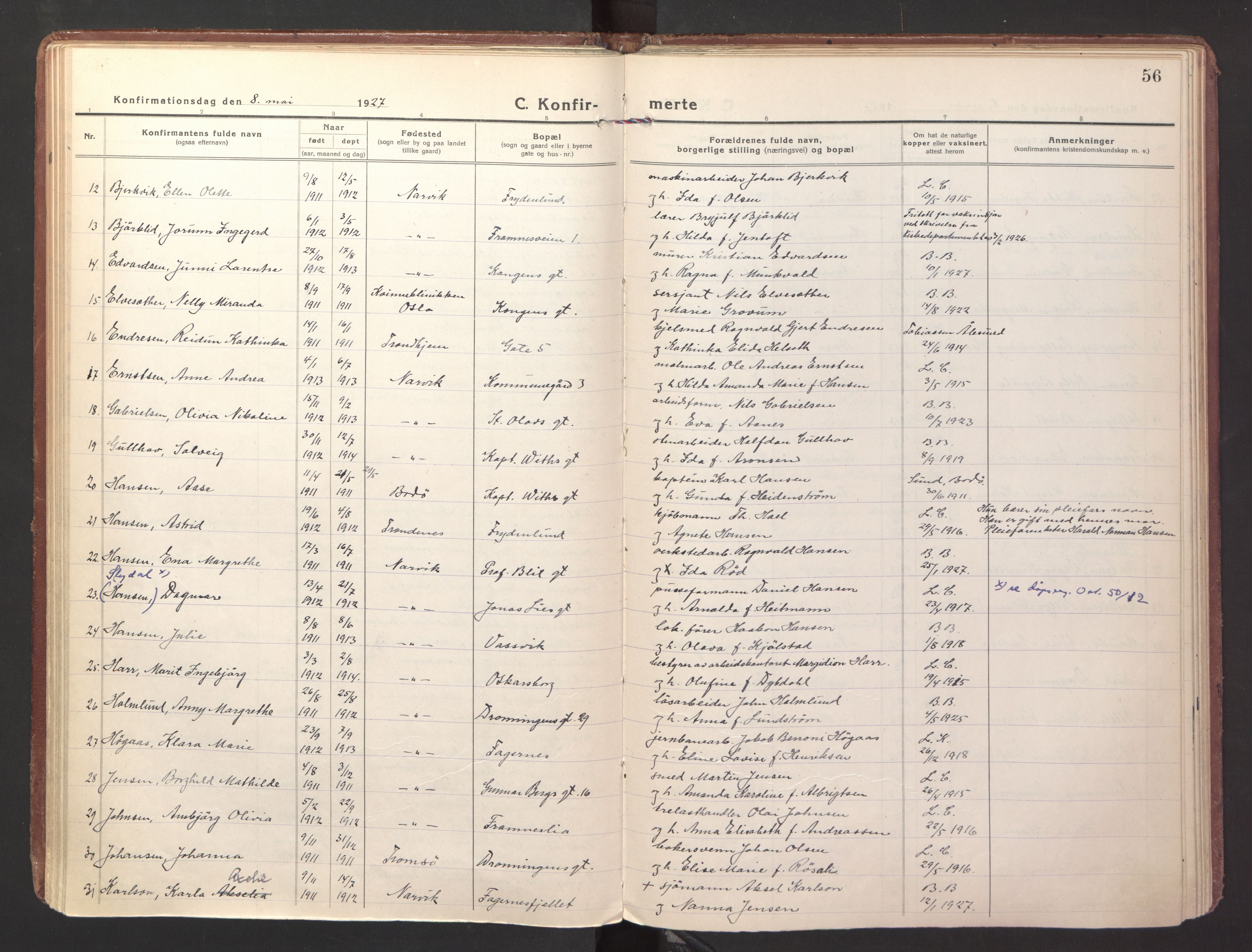 Ministerialprotokoller, klokkerbøker og fødselsregistre - Nordland, SAT/A-1459/871/L1004: Parish register (official) no. 871A20, 1921-1932, p. 56