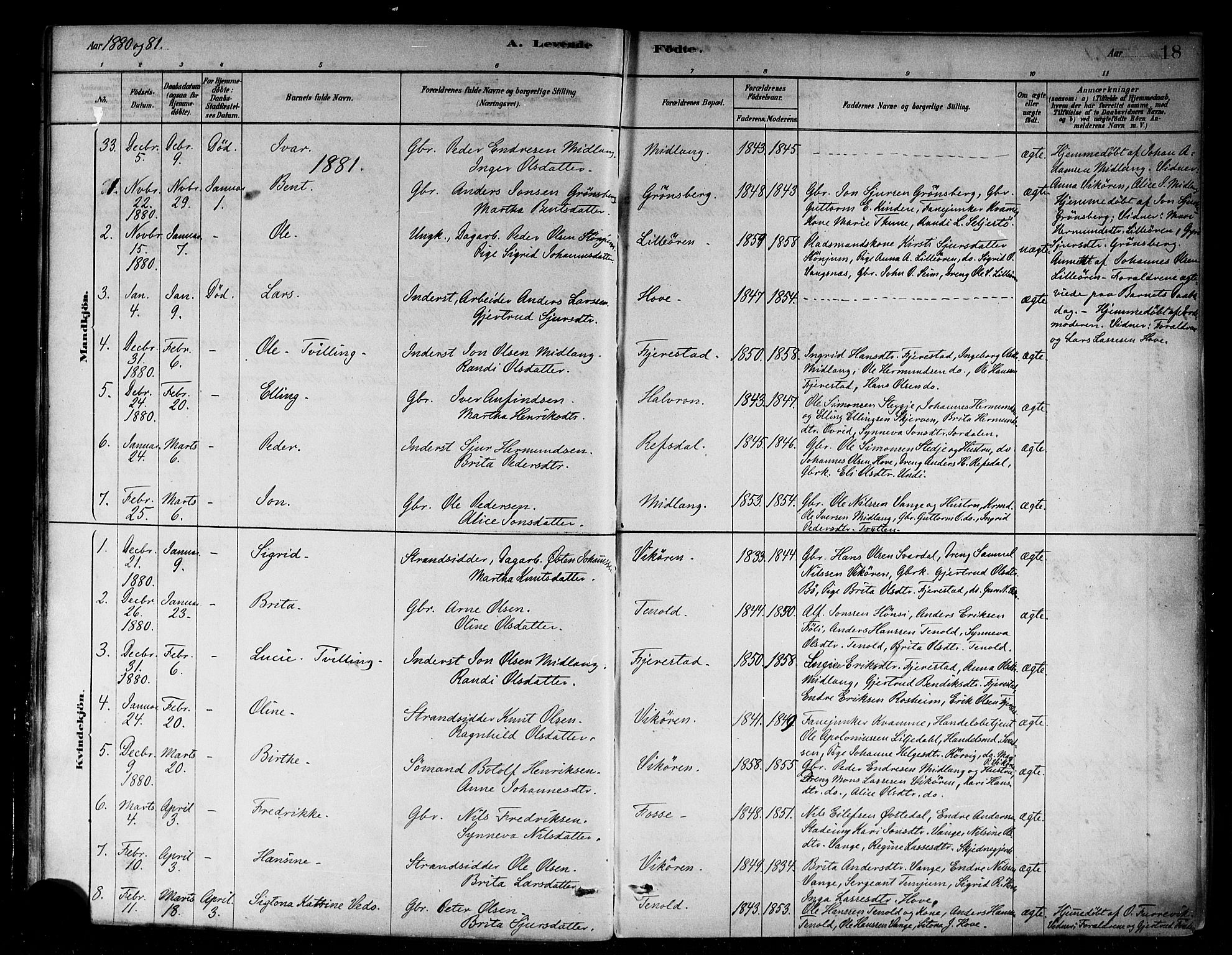 Vik sokneprestembete, SAB/A-81501: Parish register (official) no. B 1, 1878-1890, p. 18