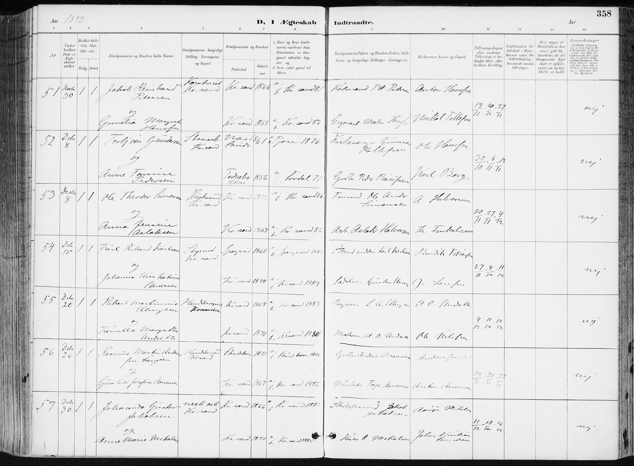 Kristiansand domprosti, SAK/1112-0006/F/Fa/L0019: Parish register (official) no. A 18, 1890-1897, p. 358