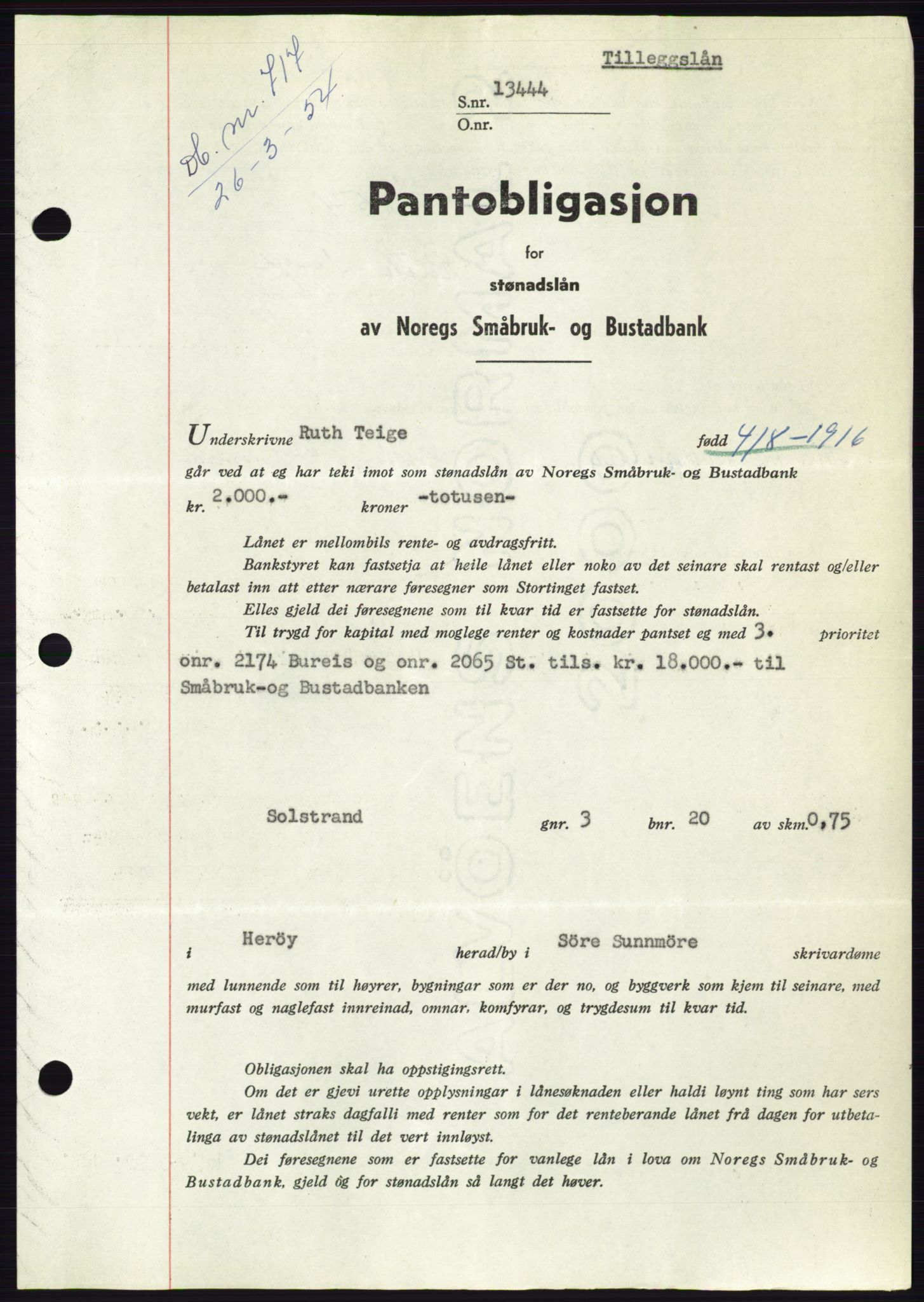 Søre Sunnmøre sorenskriveri, AV/SAT-A-4122/1/2/2C/L0124: Mortgage book no. 12B, 1953-1954, Diary no: : 717/1954