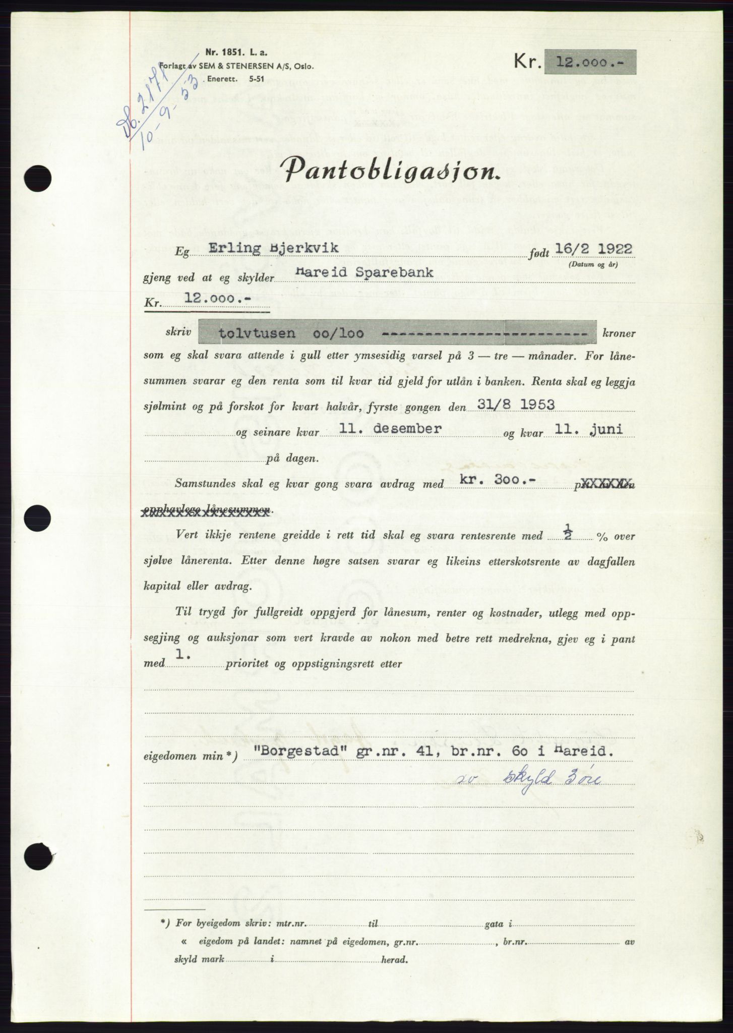 Søre Sunnmøre sorenskriveri, AV/SAT-A-4122/1/2/2C/L0123: Mortgage book no. 11B, 1953-1953, Diary no: : 2171/1953