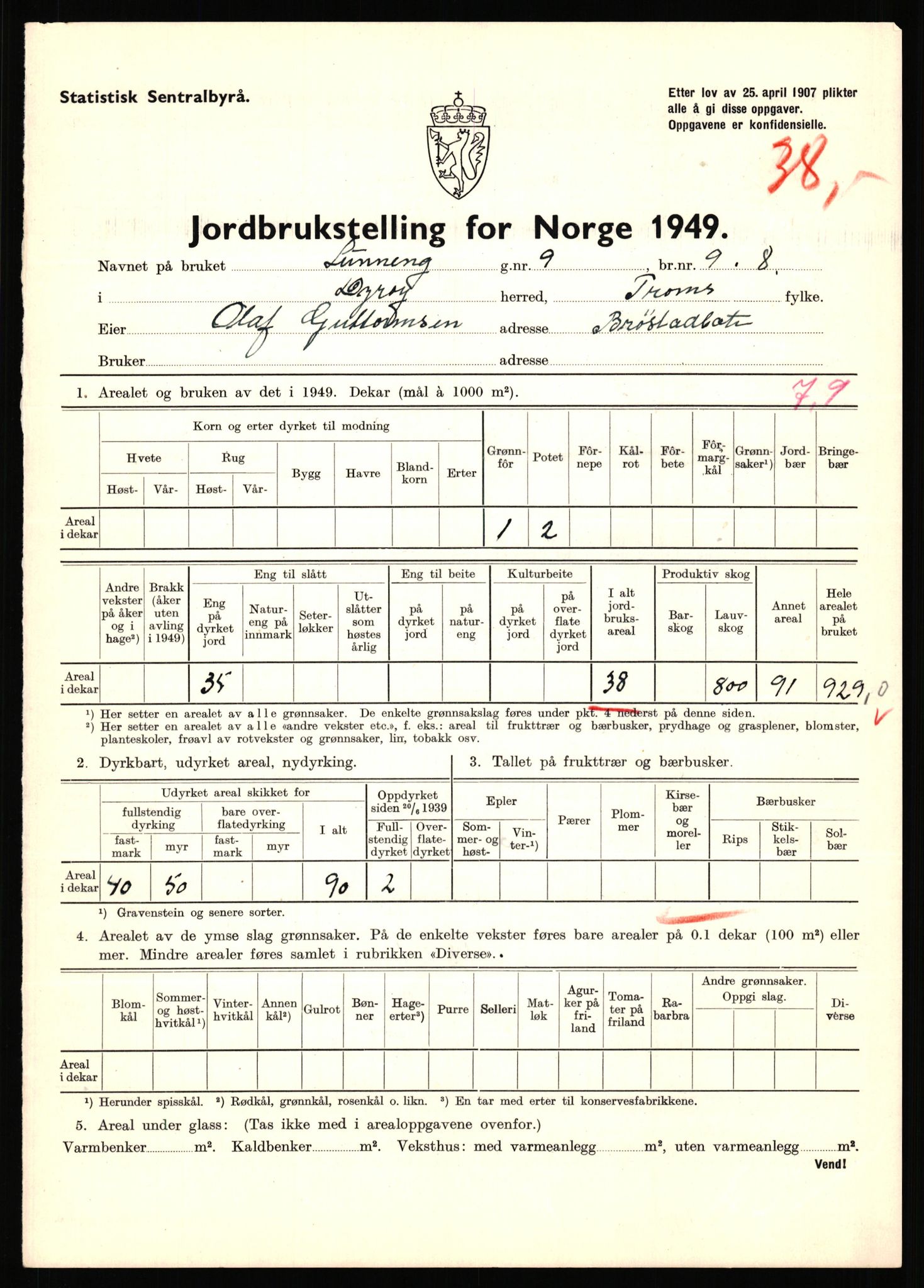 Statistisk sentralbyrå, Næringsøkonomiske emner, Jordbruk, skogbruk, jakt, fiske og fangst, AV/RA-S-2234/G/Gc/L0440: Troms: Sørreisa og Dyrøy, 1949, p. 1527