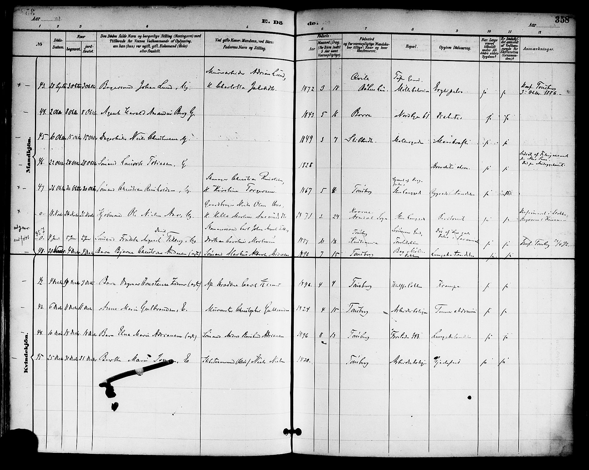 Tønsberg kirkebøker, AV/SAKO-A-330/F/Fa/L0012: Parish register (official) no. I 12, 1891-1899, p. 358