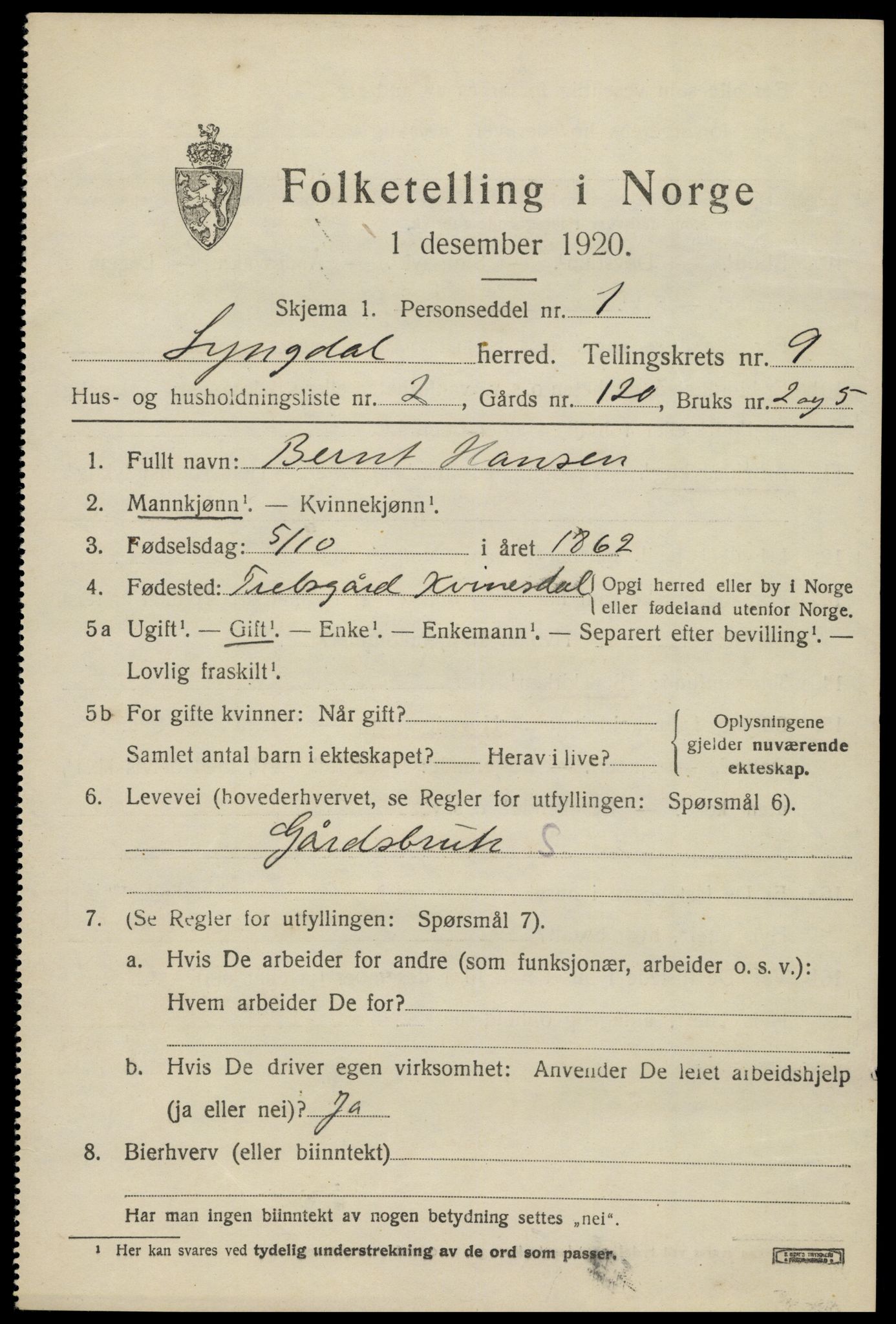 SAK, 1920 census for Lyngdal, 1920, p. 4631