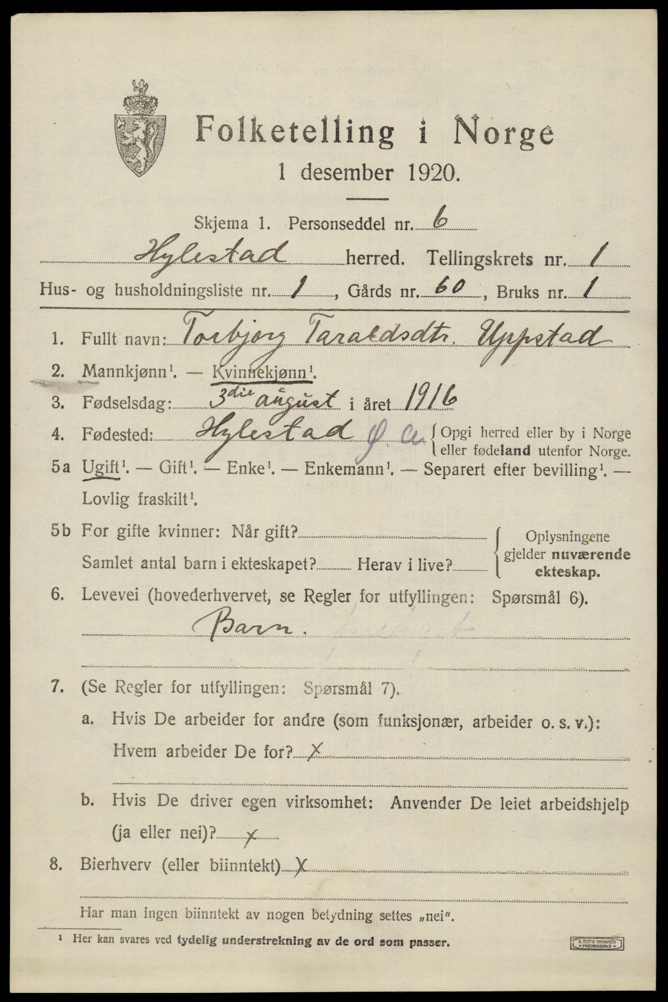 SAK, 1920 census for Hylestad, 1920, p. 290