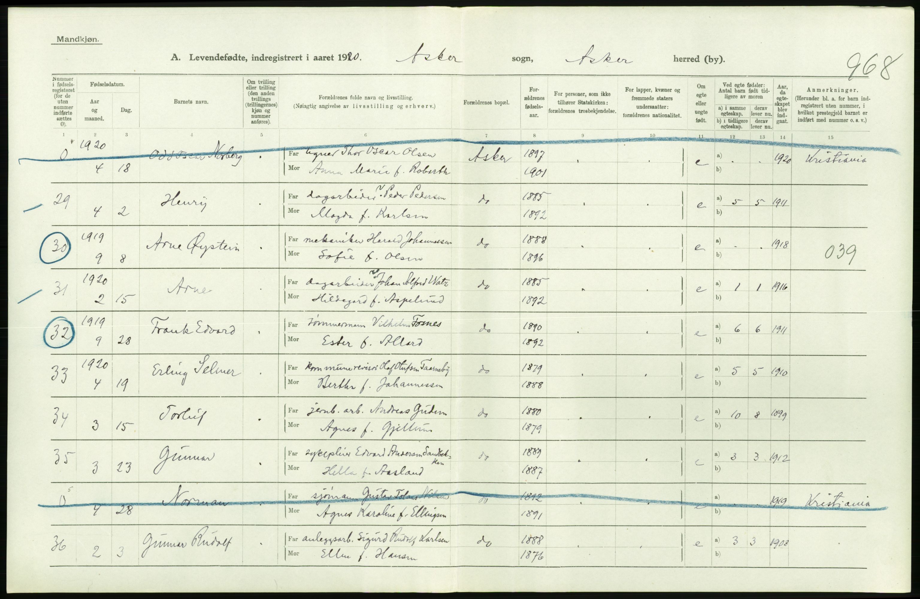 Statistisk sentralbyrå, Sosiodemografiske emner, Befolkning, RA/S-2228/D/Df/Dfb/Dfbj/L0004: Akershus fylke: Levendefødte menn og kvinner. Bygder., 1920, p. 404