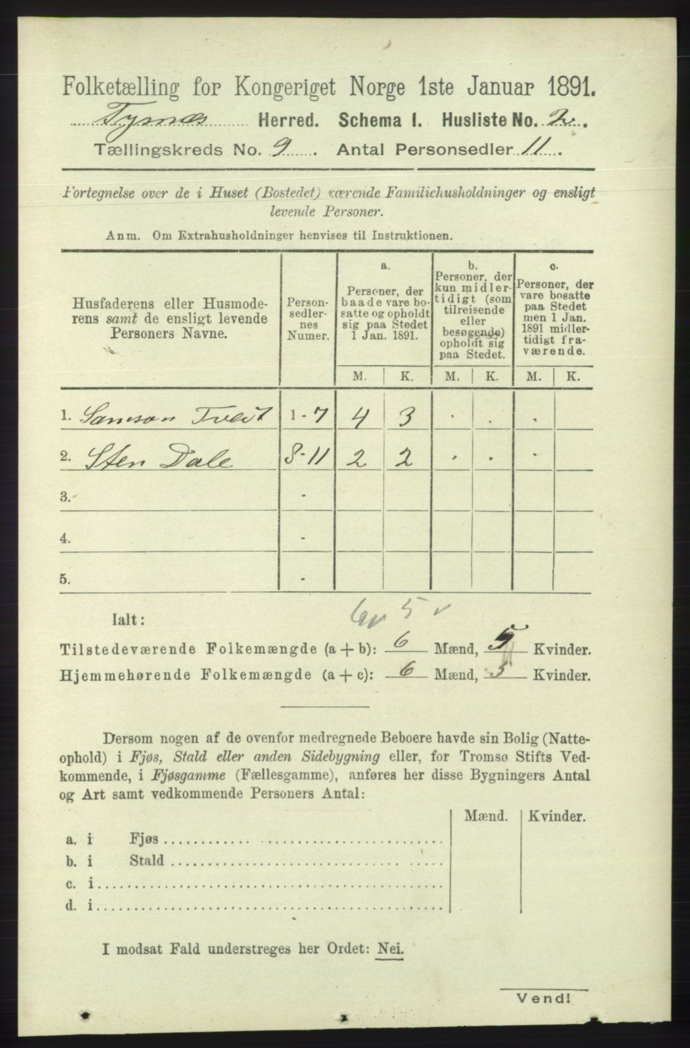 RA, 1891 census for 1223 Tysnes, 1891, p. 4140