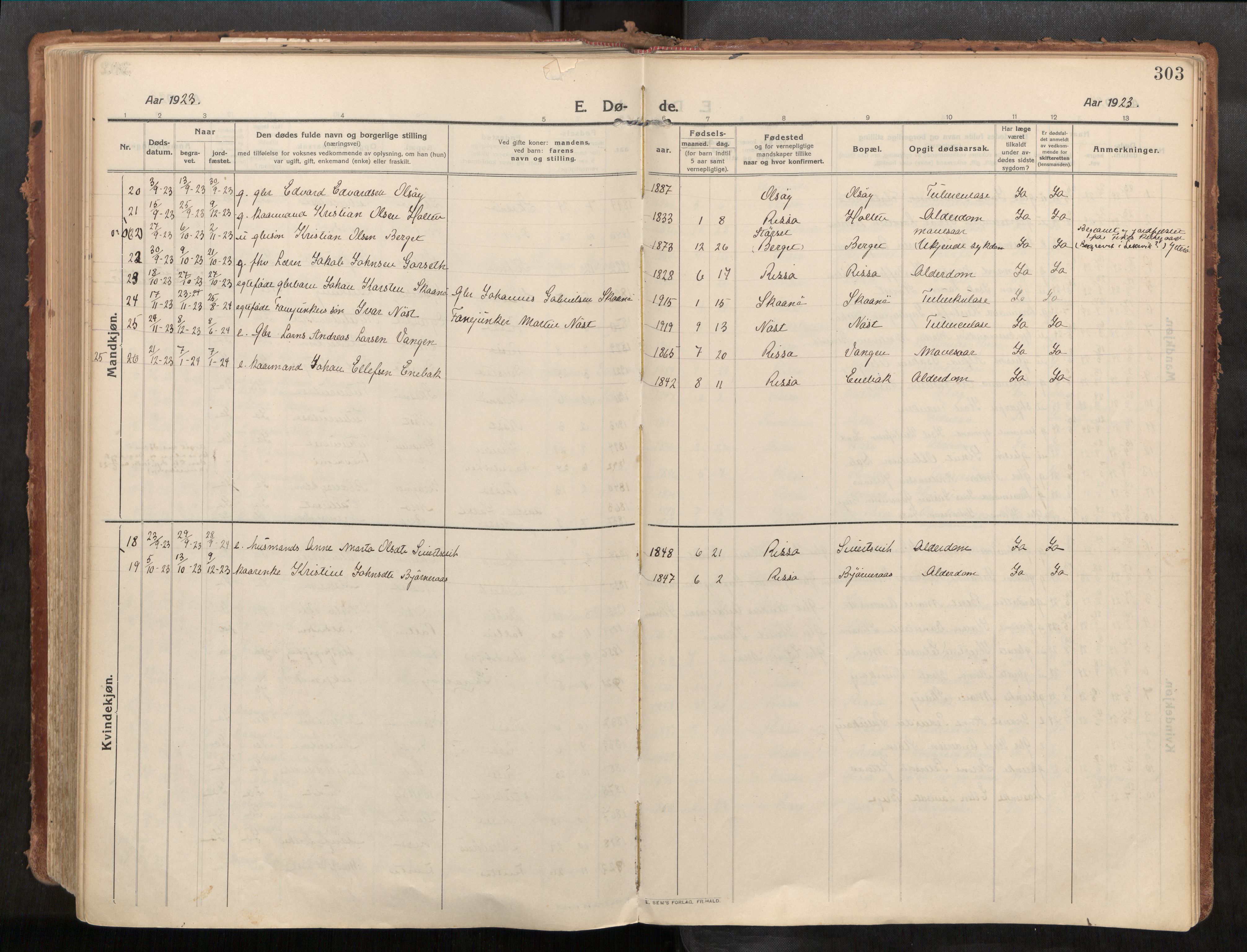 Stadsbygd sokneprestkontor, AV/SAT-A-1117/1/I/I1/I1a/L0001: Parish register (official) no. 1, 1911-1929, p. 303