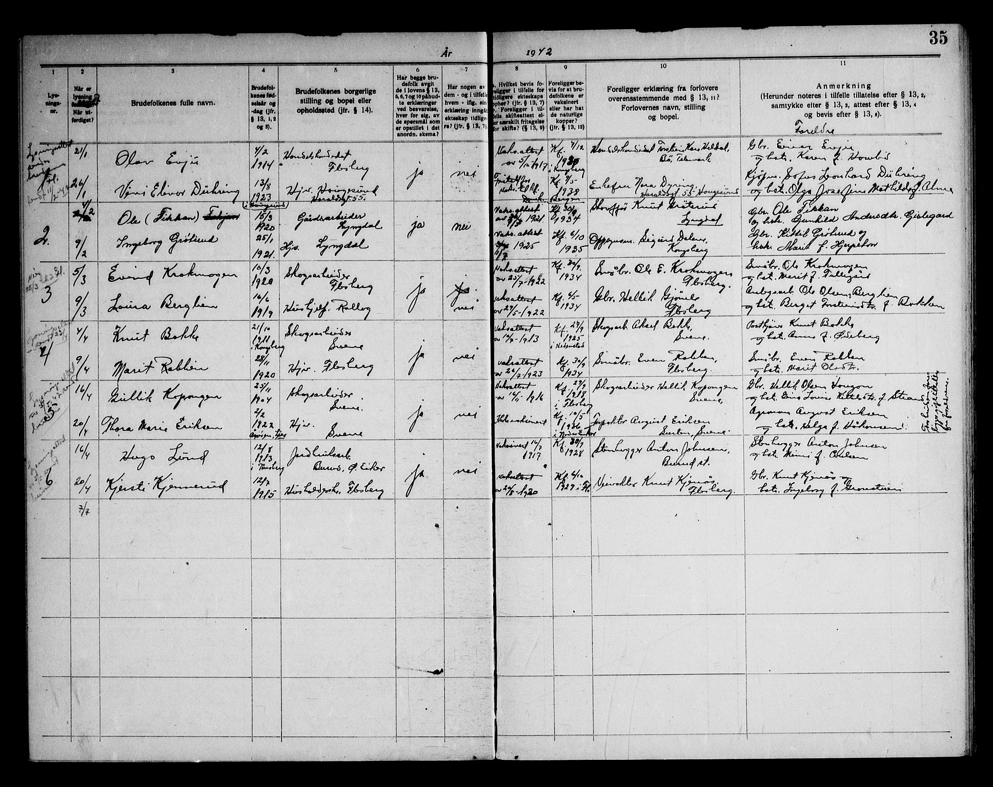 Flesberg kirkebøker, AV/SAKO-A-18/H/Ha/L0001: Banns register no. 1, 1919-1969, p. 35