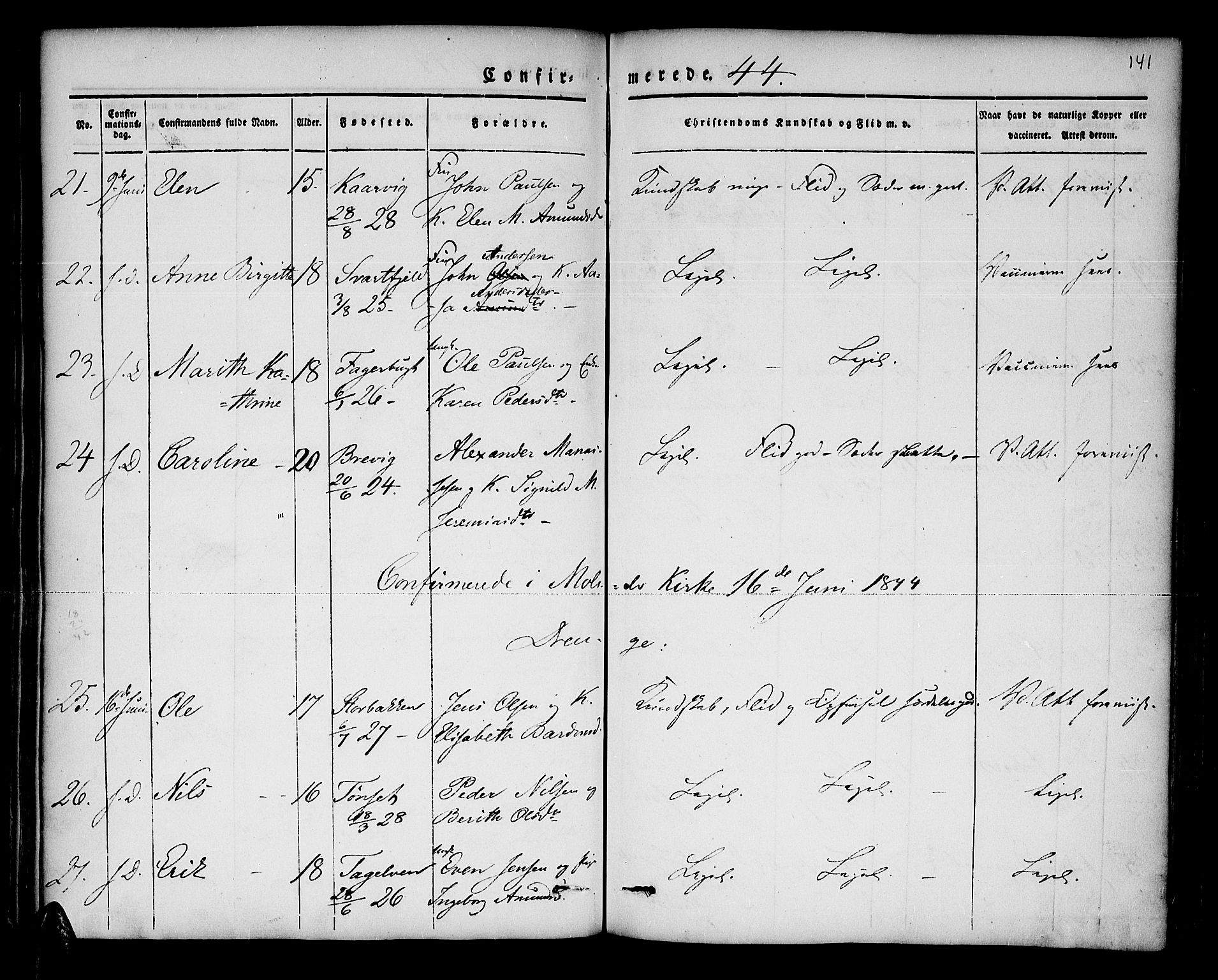 Lenvik sokneprestembete, SATØ/S-1310/H/Ha/Haa/L0004kirke: Parish register (official) no. 4, 1832-1844, p. 141