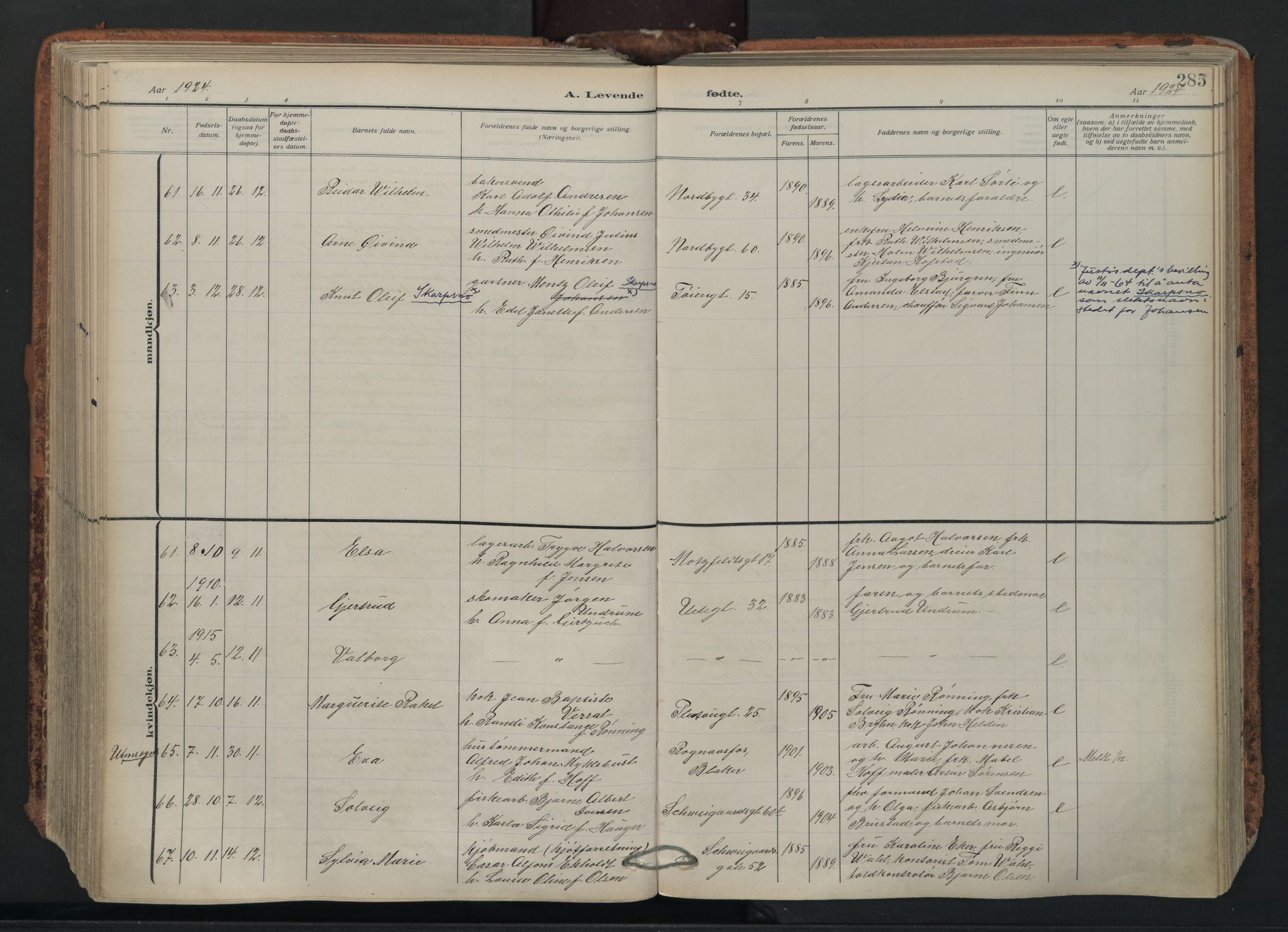 Grønland prestekontor Kirkebøker, AV/SAO-A-10848/F/Fa/L0018: Parish register (official) no. 18, 1911-1945, p. 285