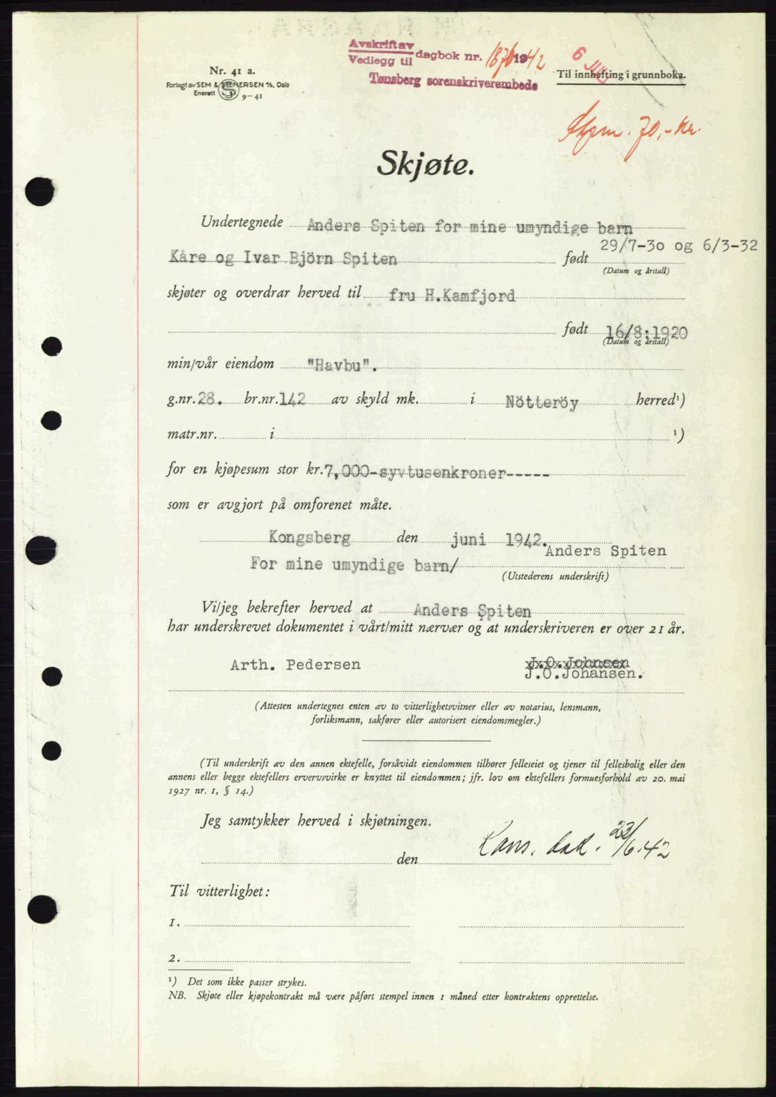 Tønsberg sorenskriveri, AV/SAKO-A-130/G/Ga/Gaa/L0011: Mortgage book no. A11, 1941-1942, Diary no: : 1876/1942