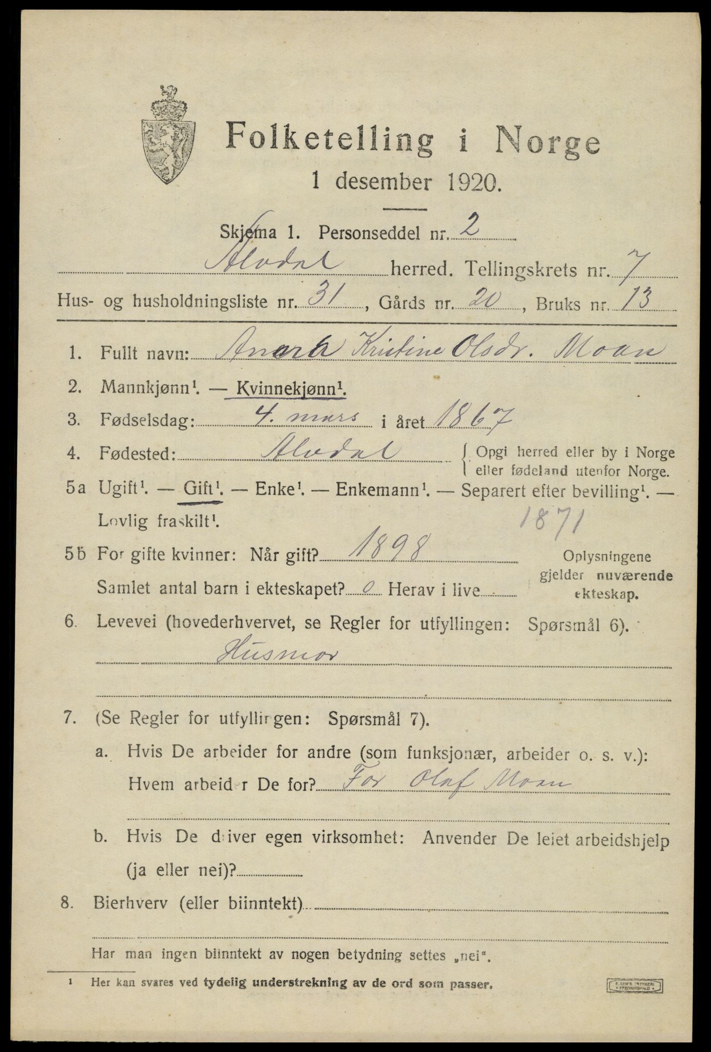 SAH, 1920 census for Alvdal, 1920, p. 4318