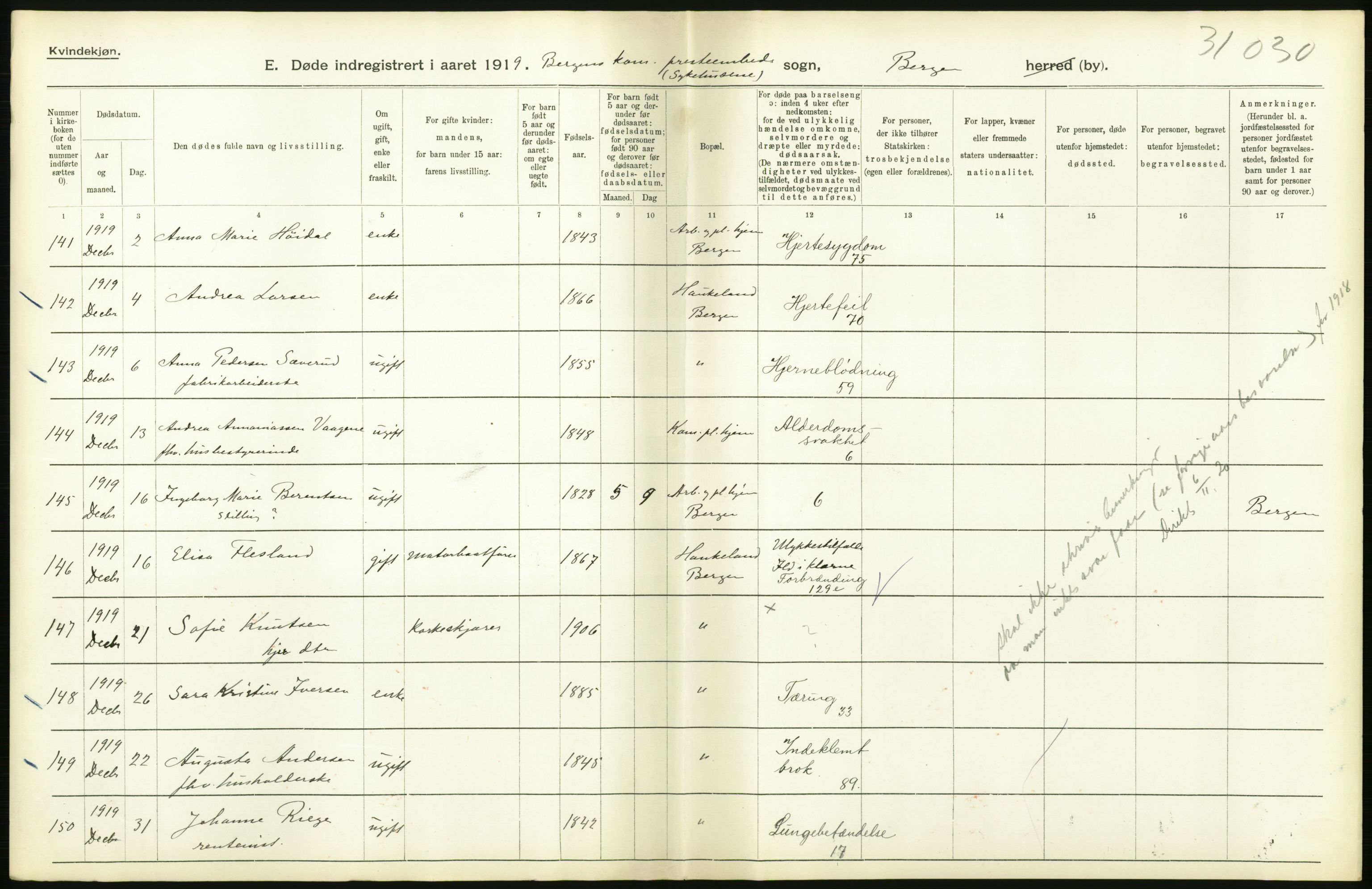 Statistisk sentralbyrå, Sosiodemografiske emner, Befolkning, RA/S-2228/D/Df/Dfb/Dfbi/L0035: Bergen: Gifte, døde, dødfødte., 1919, p. 350