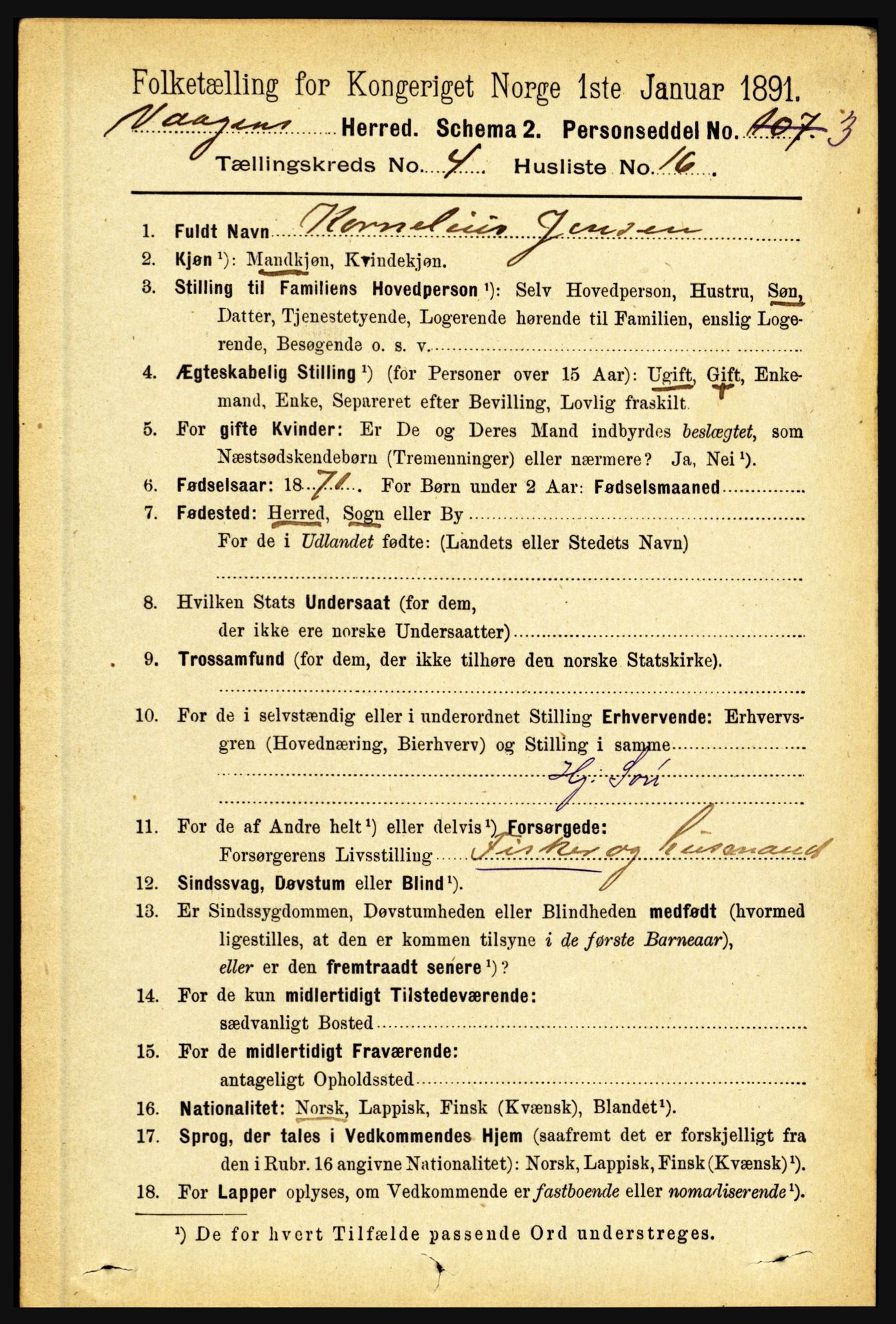 RA, 1891 census for 1865 Vågan, 1891, p. 1043