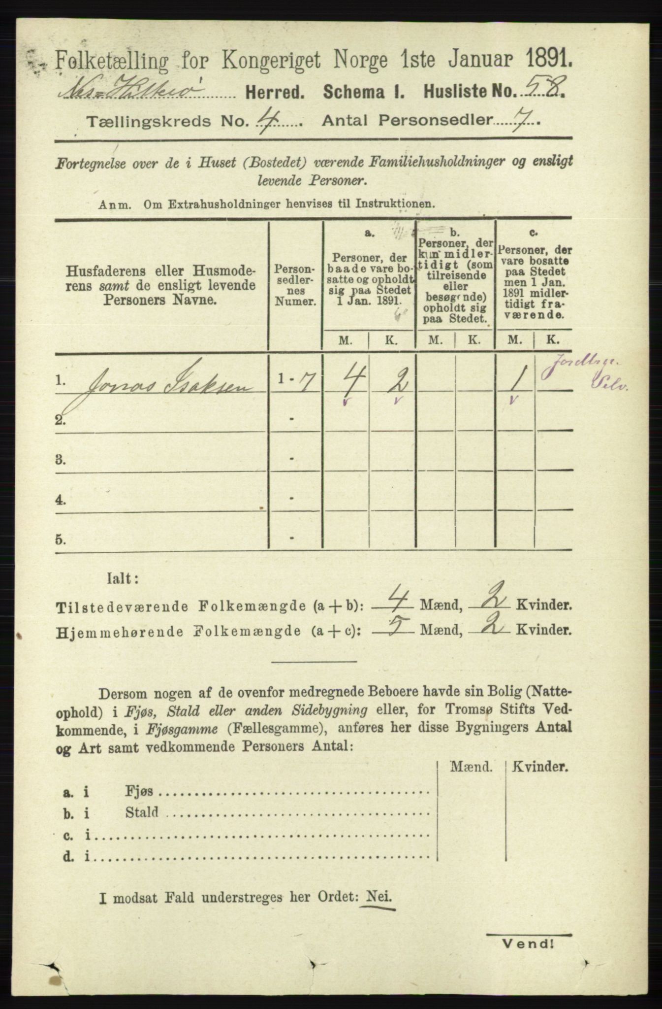 RA, 1891 census for 1043 Hidra og Nes, 1891, p. 1427