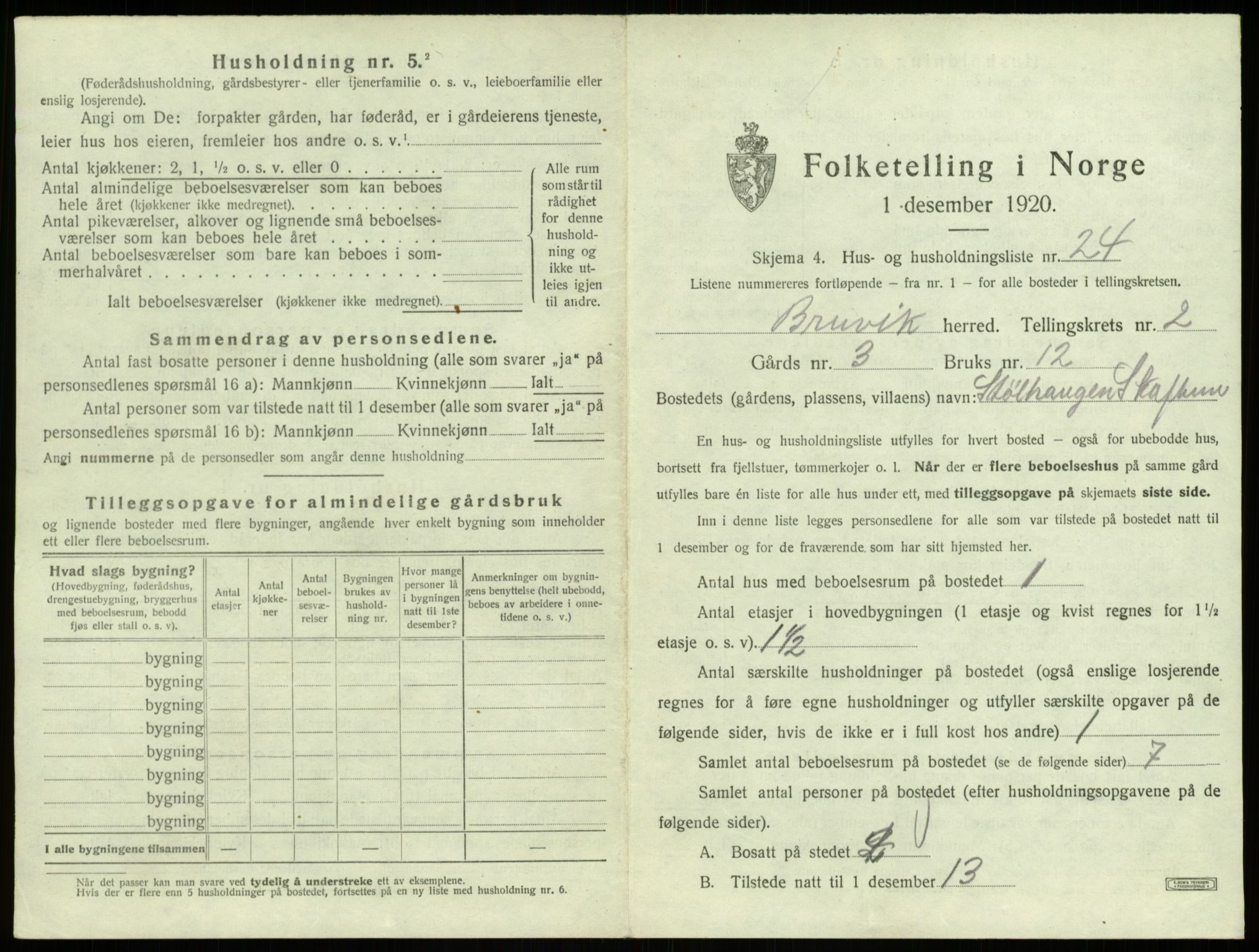 SAB, 1920 census for Bruvik, 1920, p. 144