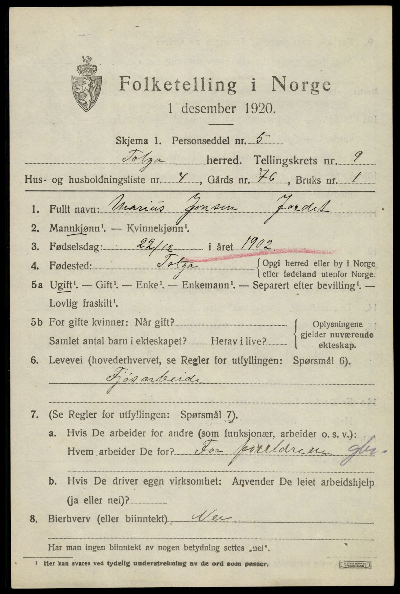 SAH, 1920 census for Tolga, 1920, p. 4729