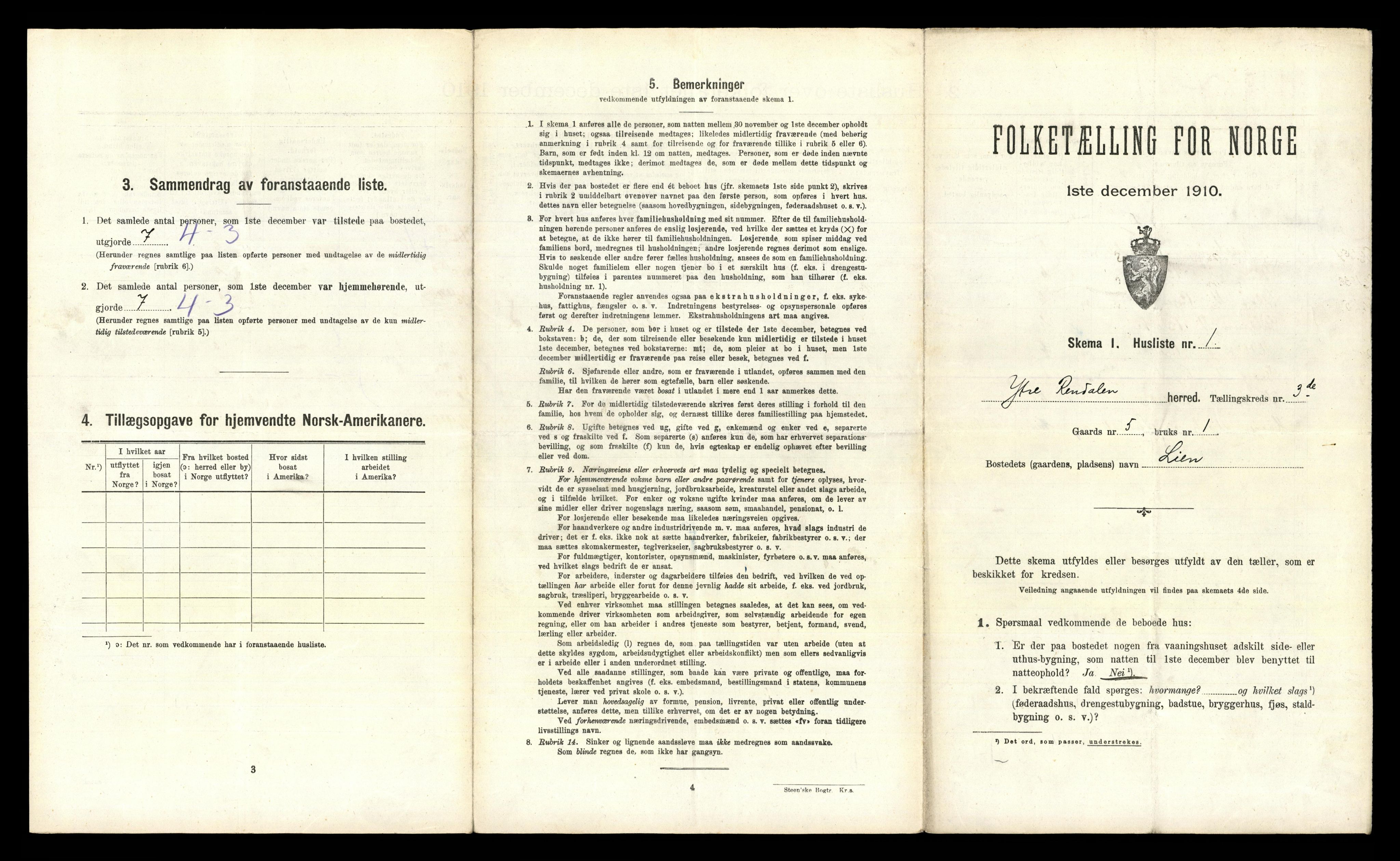 RA, 1910 census for Ytre Rendal, 1910, p. 285