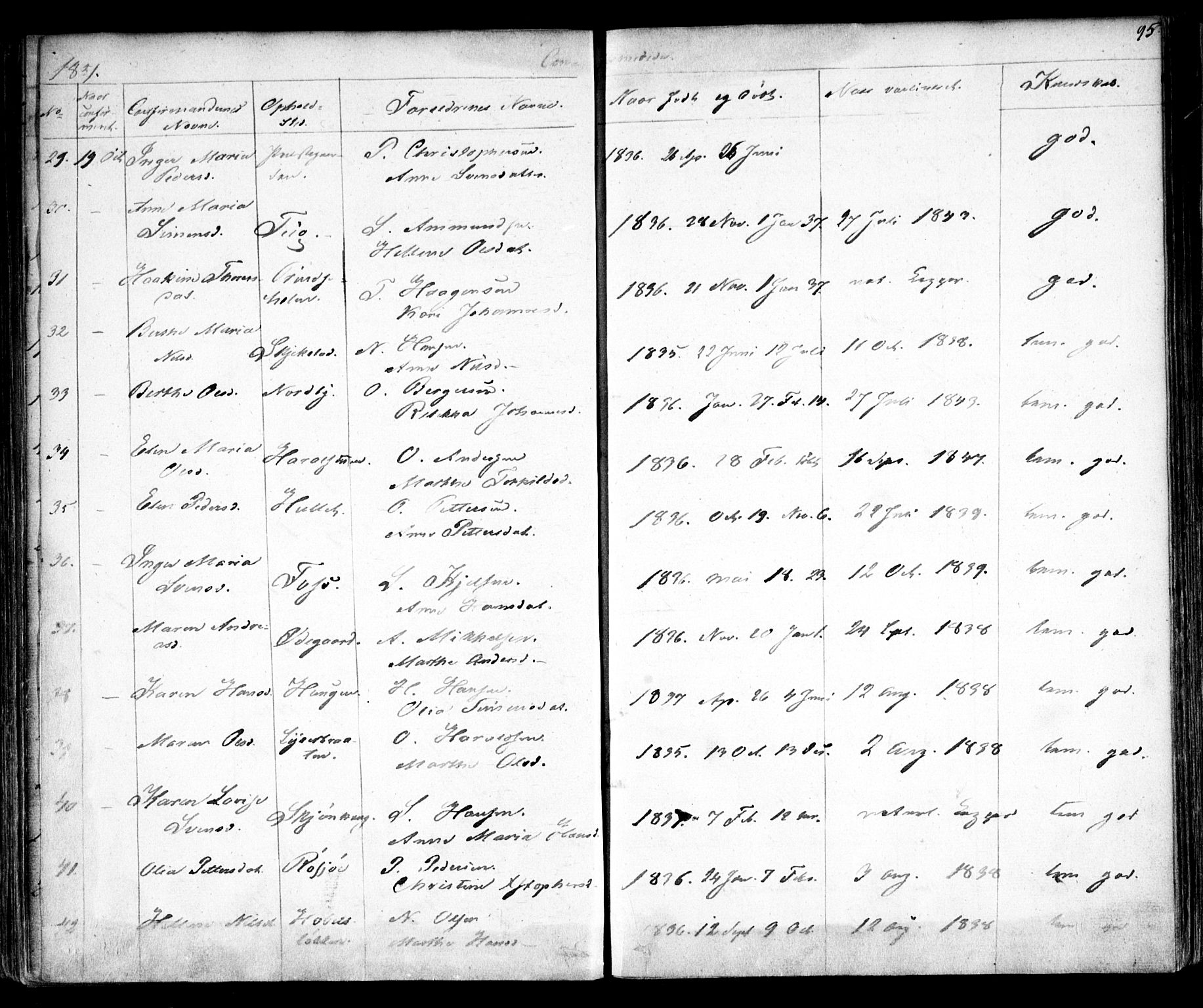 Enebakk prestekontor Kirkebøker, SAO/A-10171c/F/Fa/L0010: Parish register (official) no. I 10, 1829-1876, p. 95