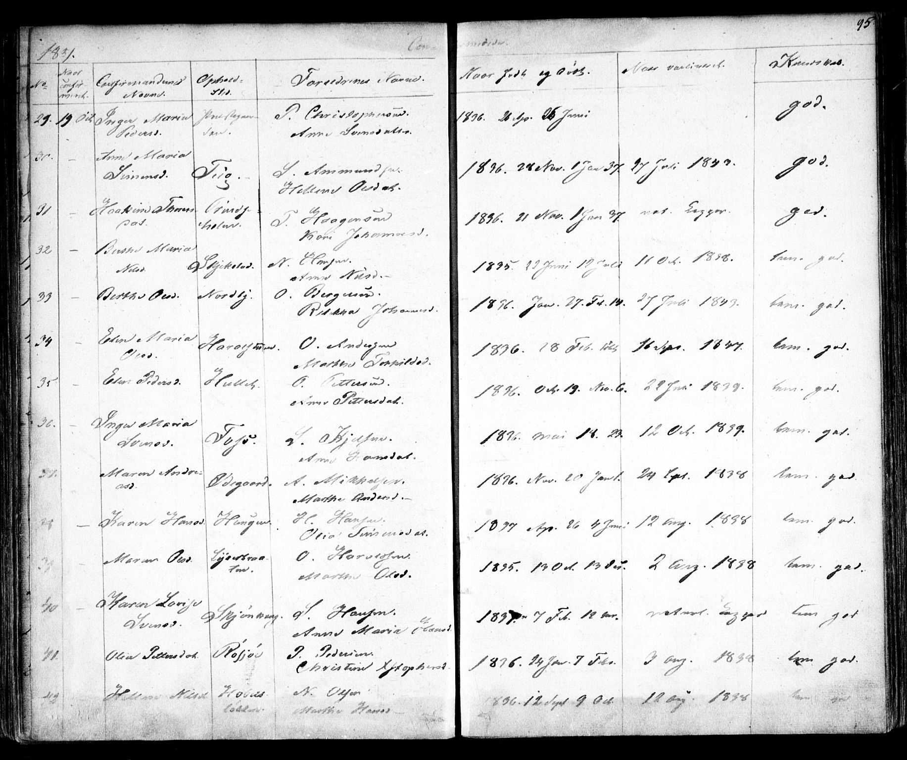 Enebakk prestekontor Kirkebøker, AV/SAO-A-10171c/F/Fa/L0010: Parish register (official) no. I 10, 1829-1876, p. 95