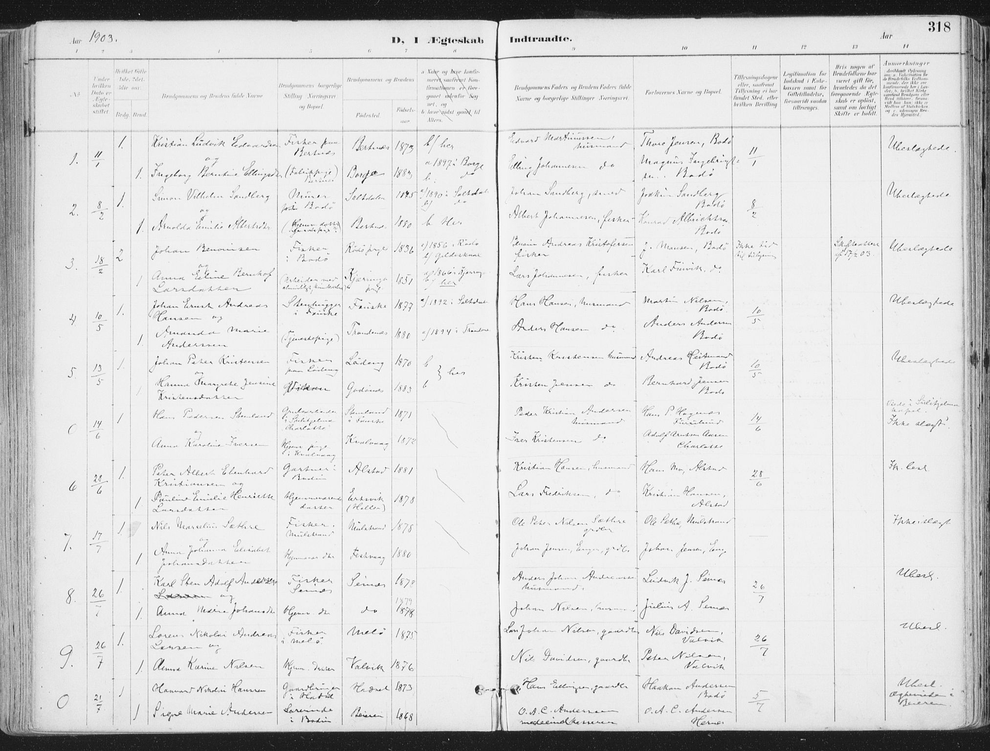 Ministerialprotokoller, klokkerbøker og fødselsregistre - Nordland, AV/SAT-A-1459/802/L0055: Parish register (official) no. 802A02, 1894-1915, p. 318