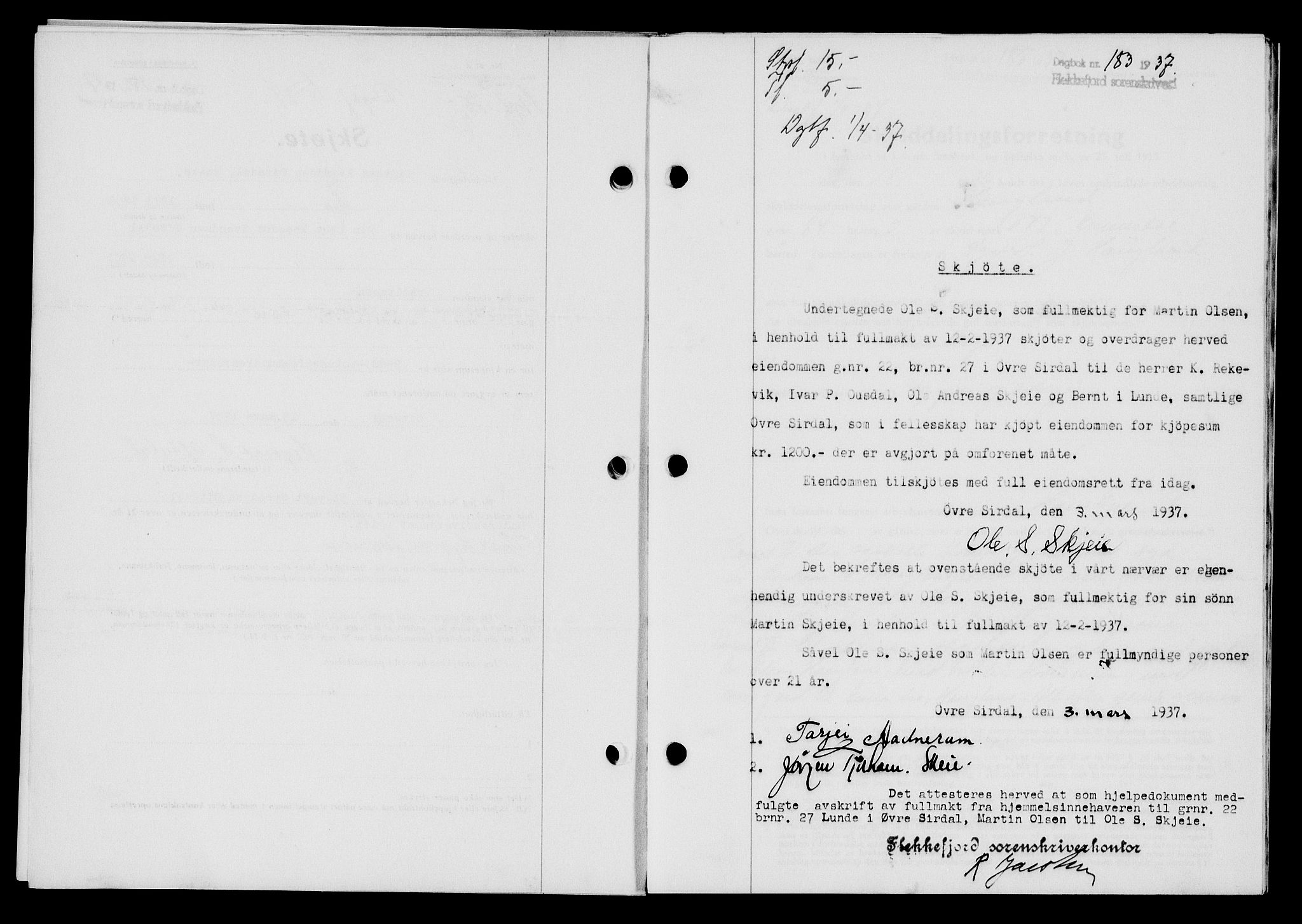 Flekkefjord sorenskriveri, SAK/1221-0001/G/Gb/Gba/L0053: Mortgage book no. A-1, 1936-1937, Diary no: : 183/1937