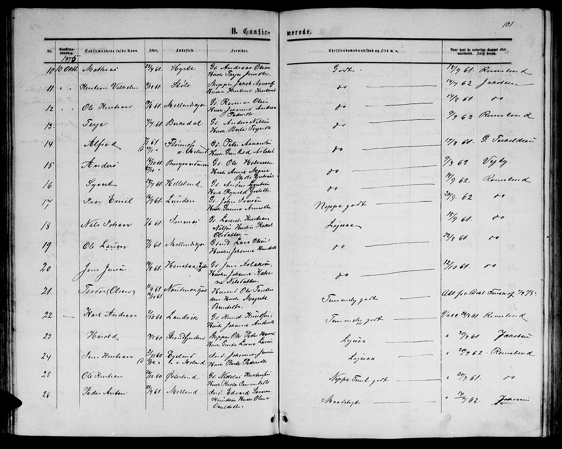 Hommedal sokneprestkontor, SAK/1111-0023/F/Fb/Fbb/L0006: Parish register (copy) no. B 6, 1869-1884, p. 101