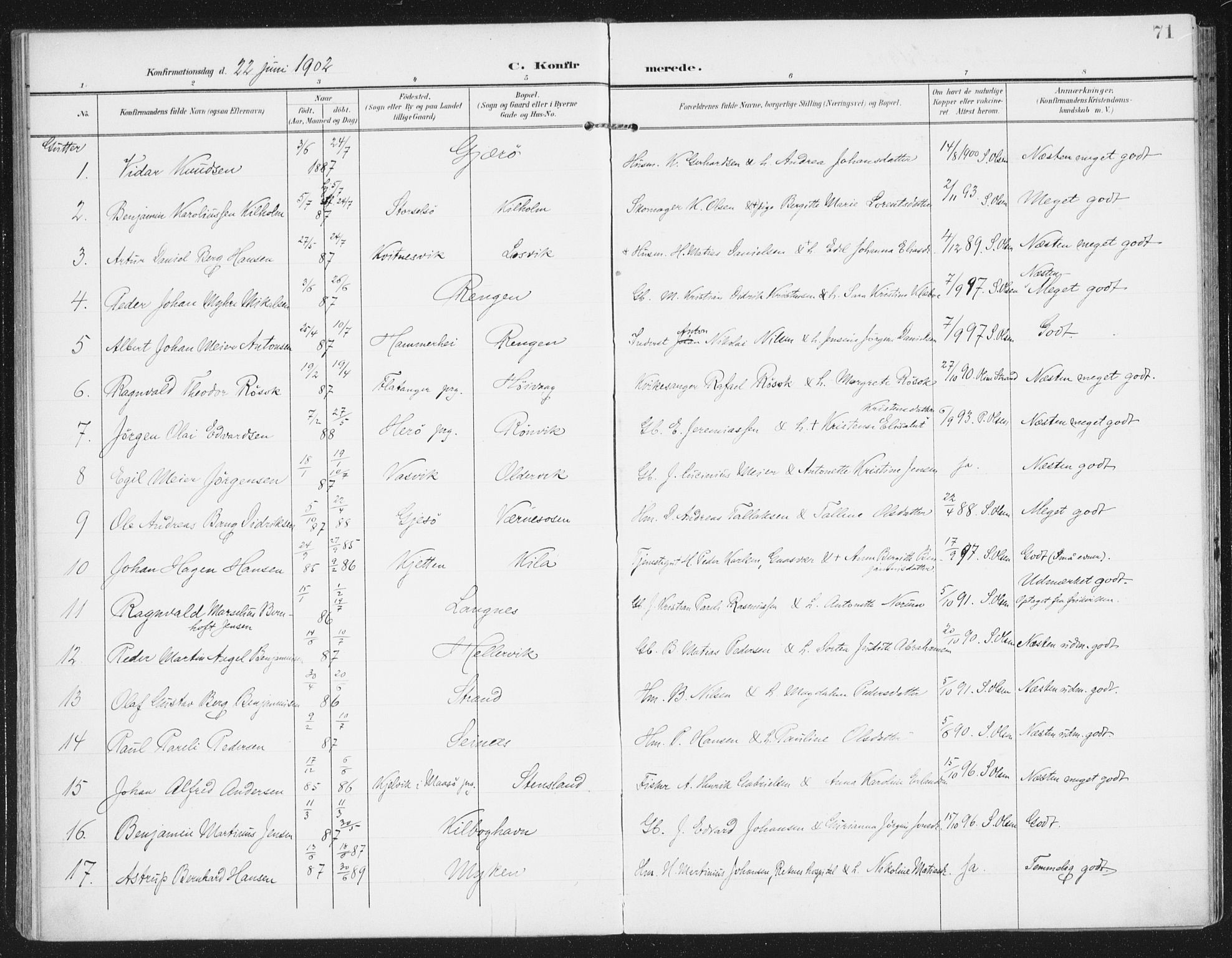 Ministerialprotokoller, klokkerbøker og fødselsregistre - Nordland, AV/SAT-A-1459/841/L0612: Parish register (official) no. 841A15, 1902-1910, p. 71