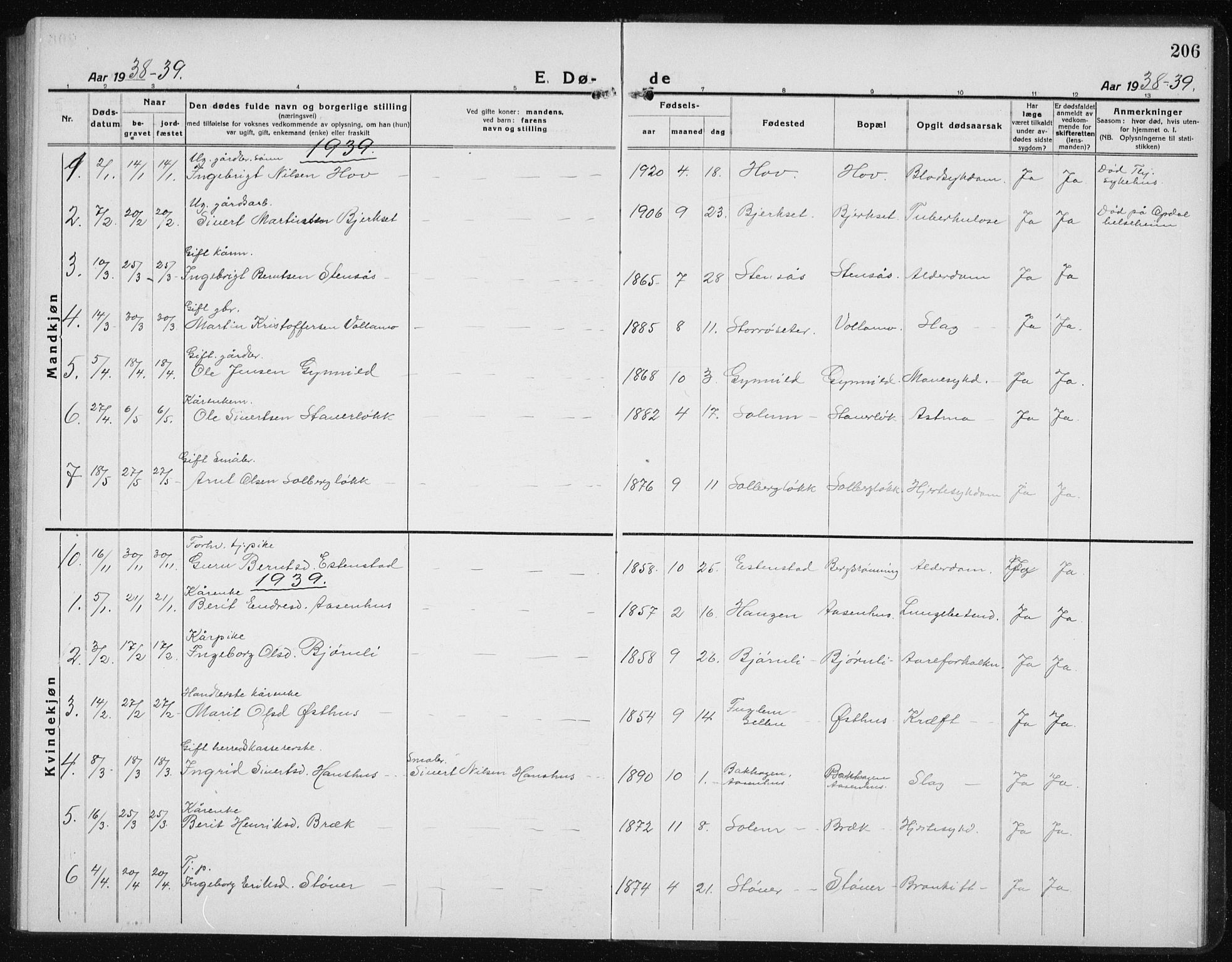 Ministerialprotokoller, klokkerbøker og fødselsregistre - Sør-Trøndelag, SAT/A-1456/689/L1045: Parish register (copy) no. 689C04, 1923-1940, p. 206