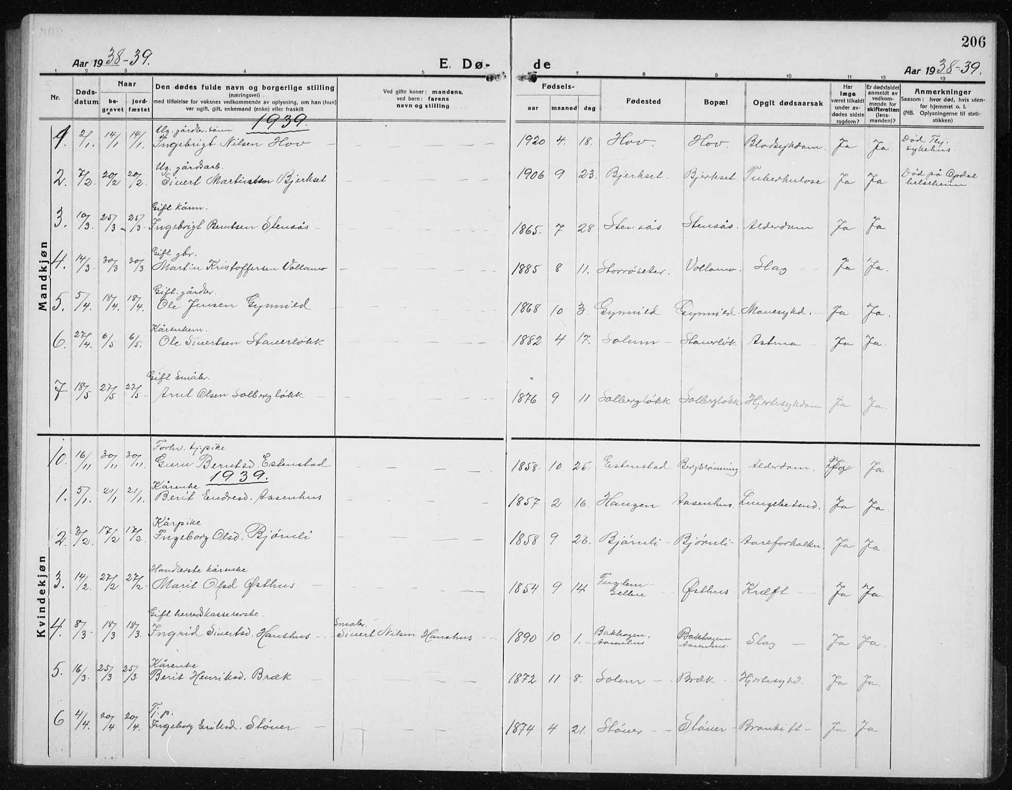 Ministerialprotokoller, klokkerbøker og fødselsregistre - Sør-Trøndelag, AV/SAT-A-1456/689/L1045: Parish register (copy) no. 689C04, 1923-1940, p. 206