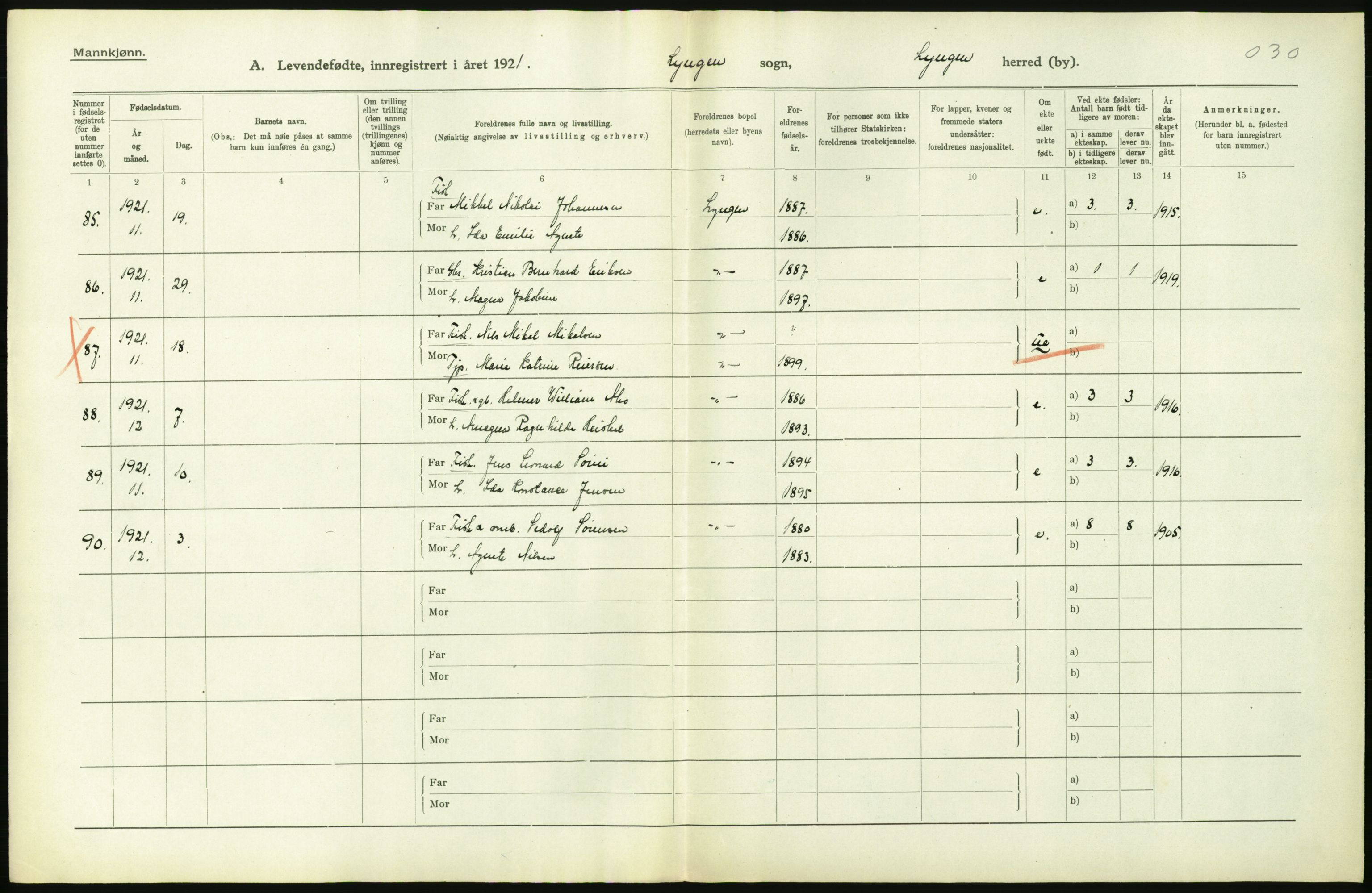 Statistisk sentralbyrå, Sosiodemografiske emner, Befolkning, RA/S-2228/D/Df/Dfc/Dfca/L0052: Troms fylke: Levendefødte menn og kvinner. Bygder og byer., 1921, p. 278