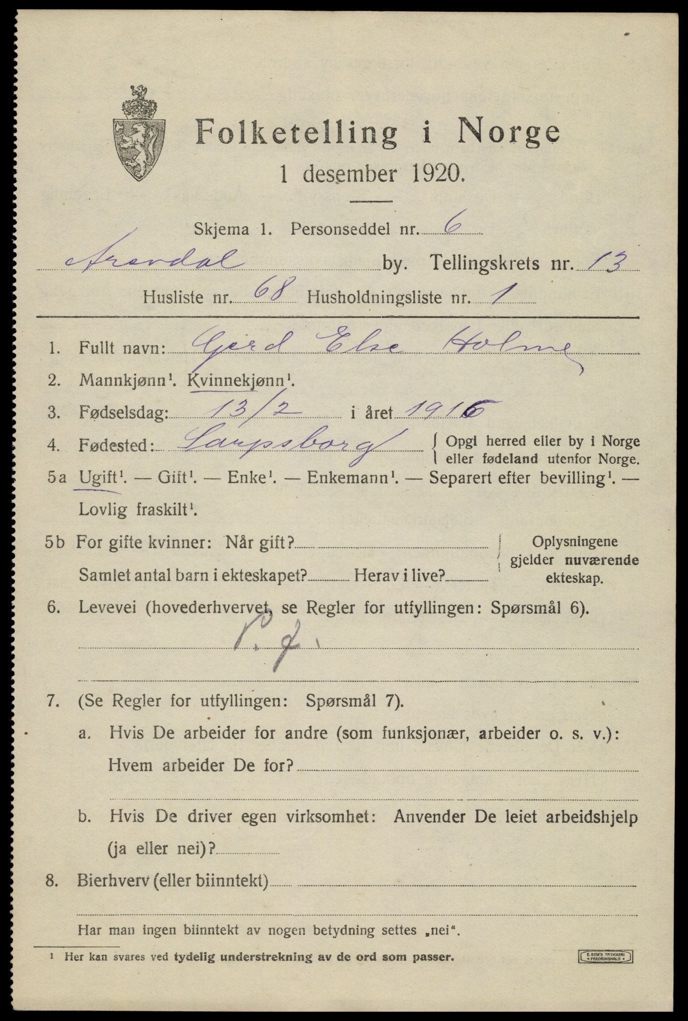 SAK, 1920 census for Arendal, 1920, p. 21032