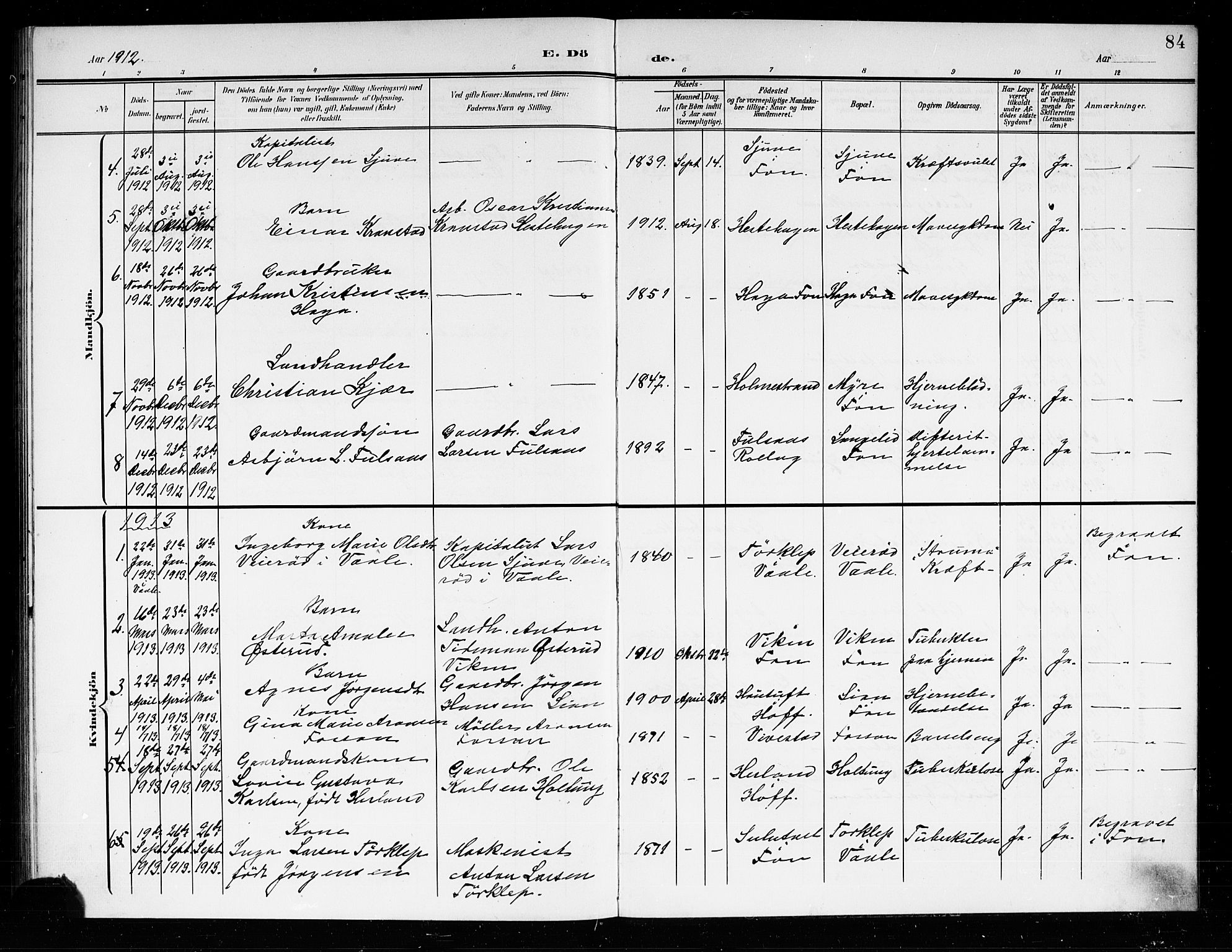 Ramnes kirkebøker, AV/SAKO-A-314/G/Gb/L0002: Parish register (copy) no. II 2, 1904-1923, p. 84