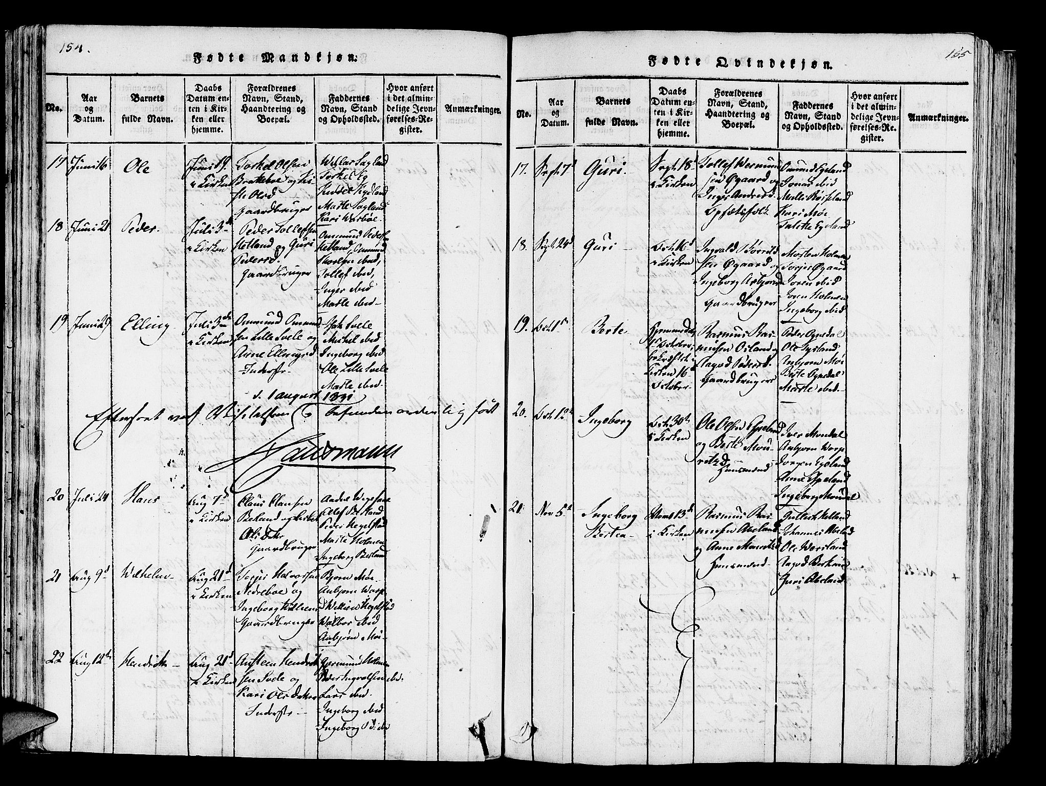 Helleland sokneprestkontor, AV/SAST-A-101810: Parish register (official) no. A 5, 1815-1834, p. 154-155