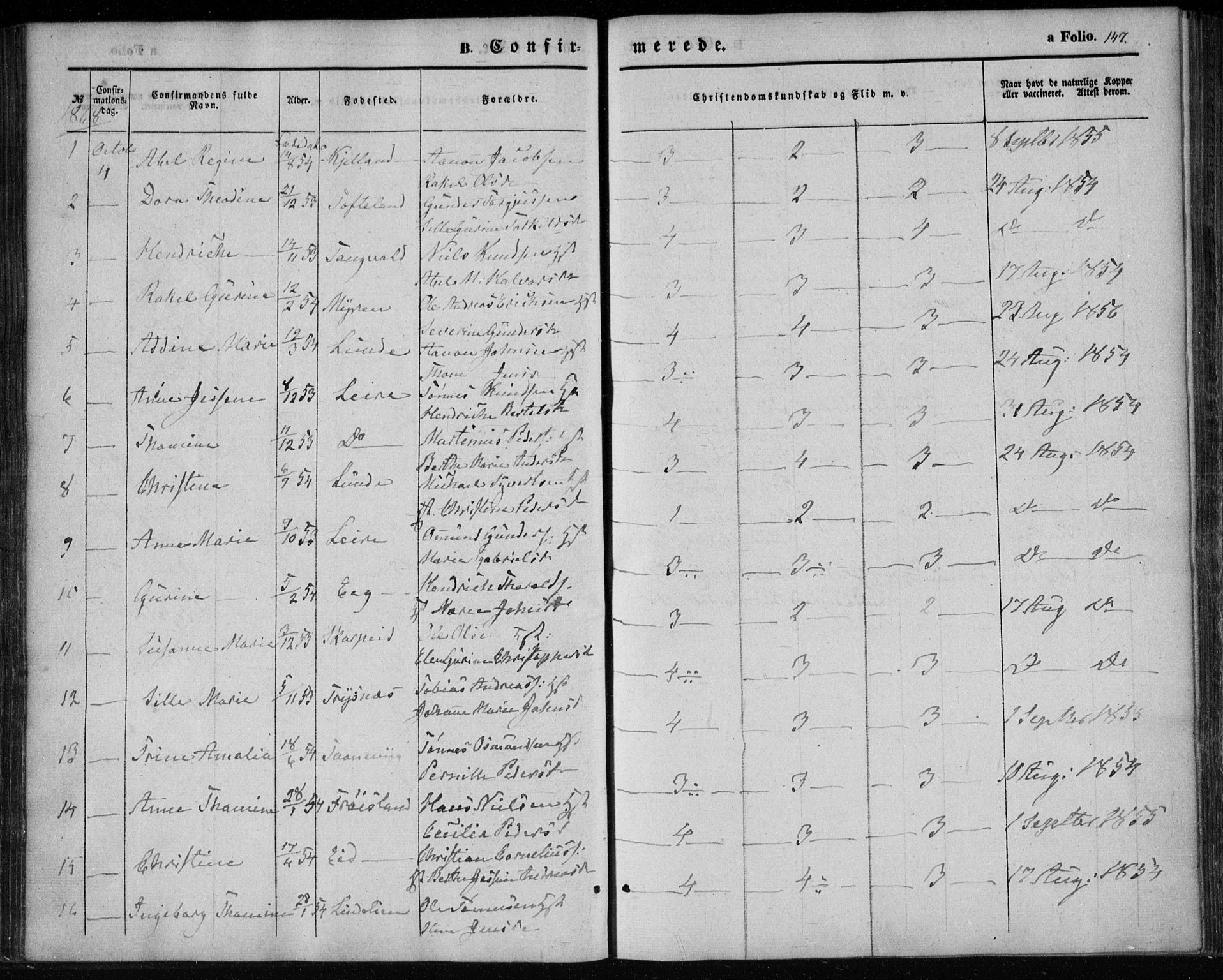 Søgne sokneprestkontor, AV/SAK-1111-0037/F/Fa/Fab/L0010: Parish register (official) no. A 10, 1853-1869, p. 147