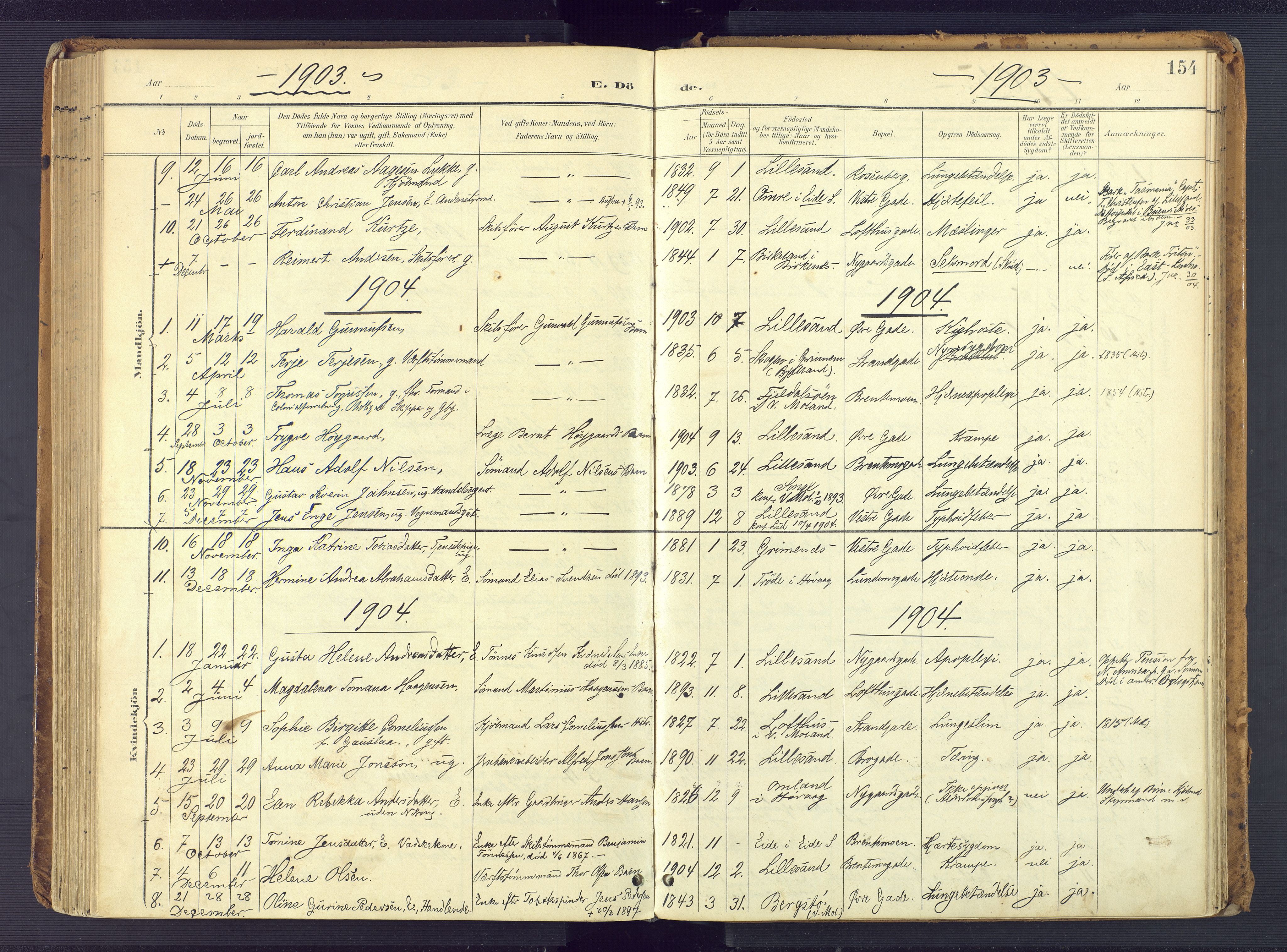 Vestre Moland sokneprestkontor, SAK/1111-0046/F/Fa/Faa/L0002: Parish register (official) no. A 2, 1900-1926, p. 154