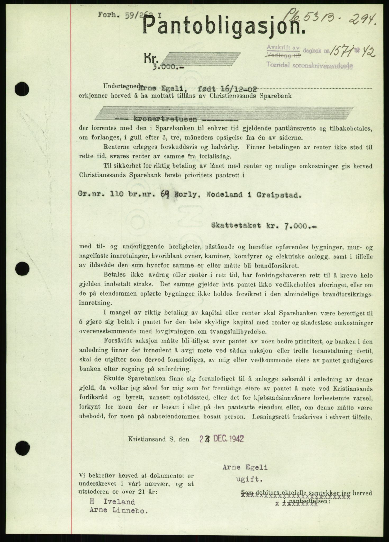 Torridal sorenskriveri, SAK/1221-0012/G/Gb/Gbb/L0009: Mortgage book no. 53b, 1942-1943, Diary no: : 1571/1942
