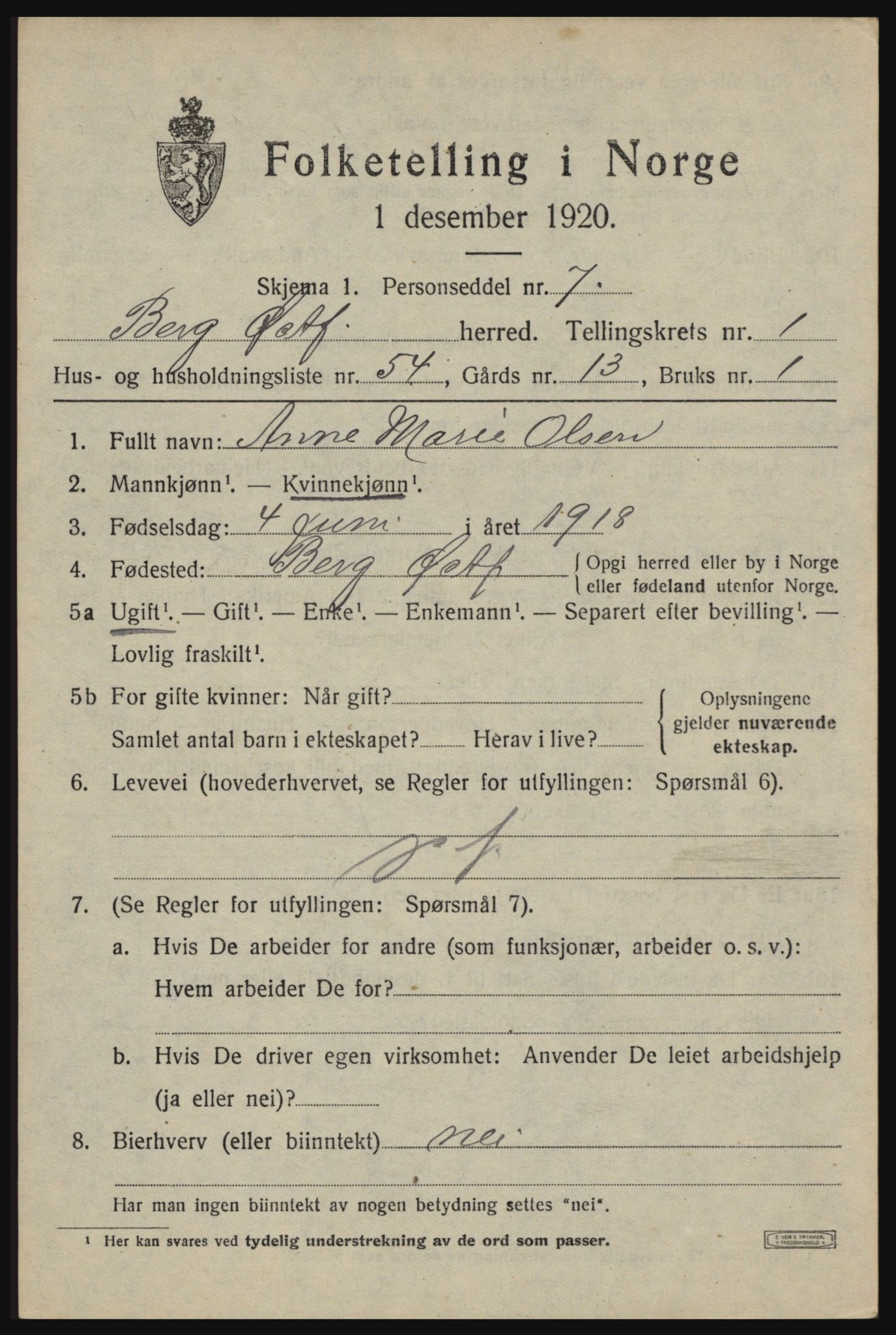 SAO, 1920 census for Berg, 1920, p. 2739