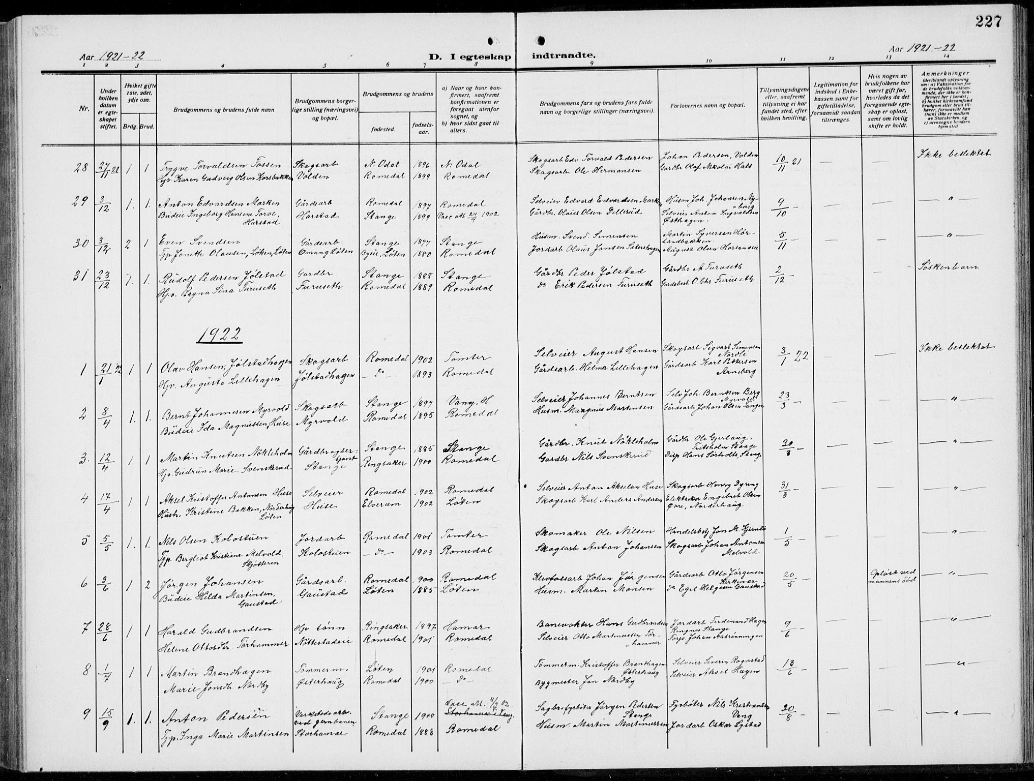 Romedal prestekontor, SAH/PREST-004/L/L0014: Parish register (copy) no. 14, 1915-1939, p. 227