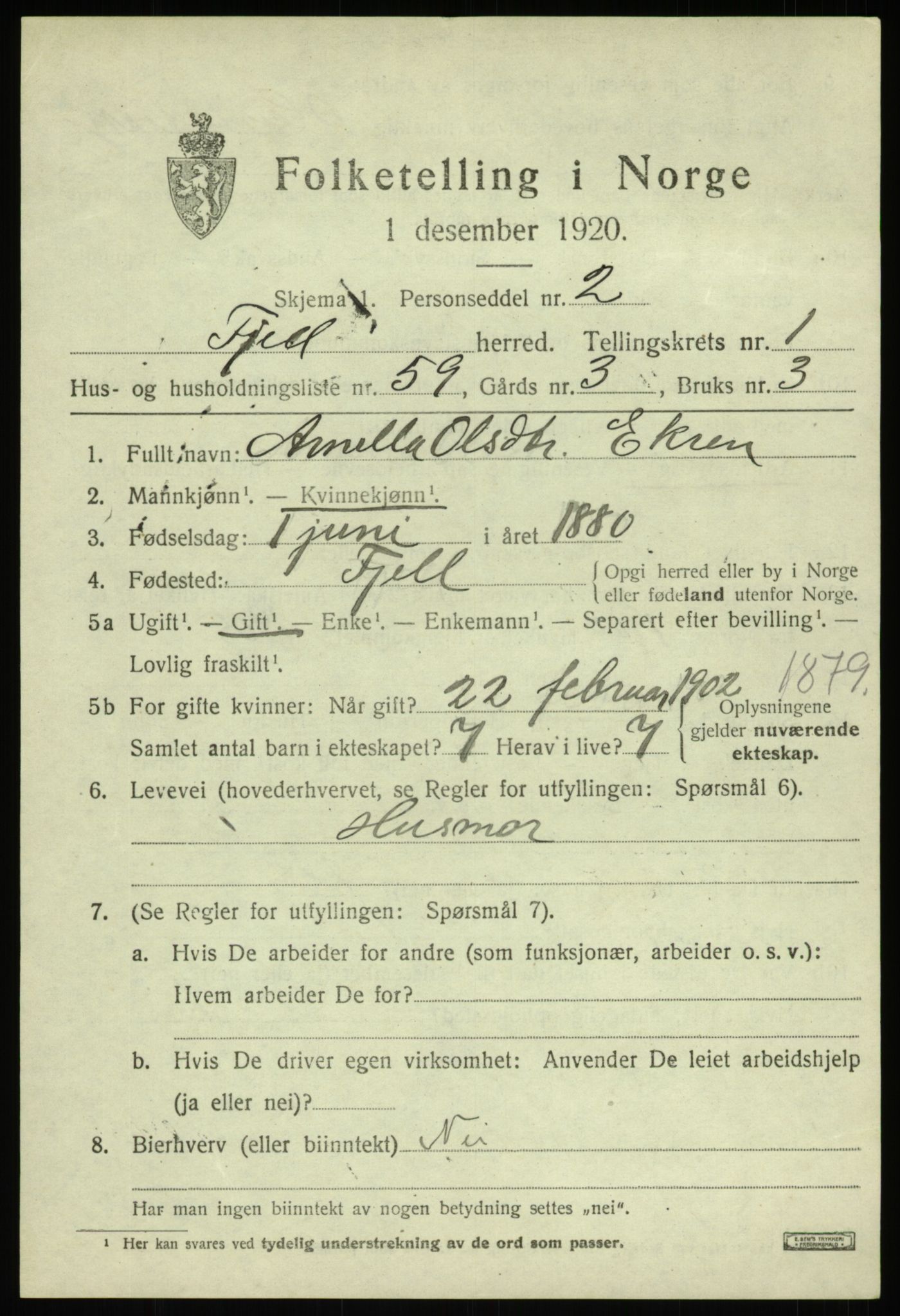 SAB, 1920 census for Fjell, 1920, p. 2236